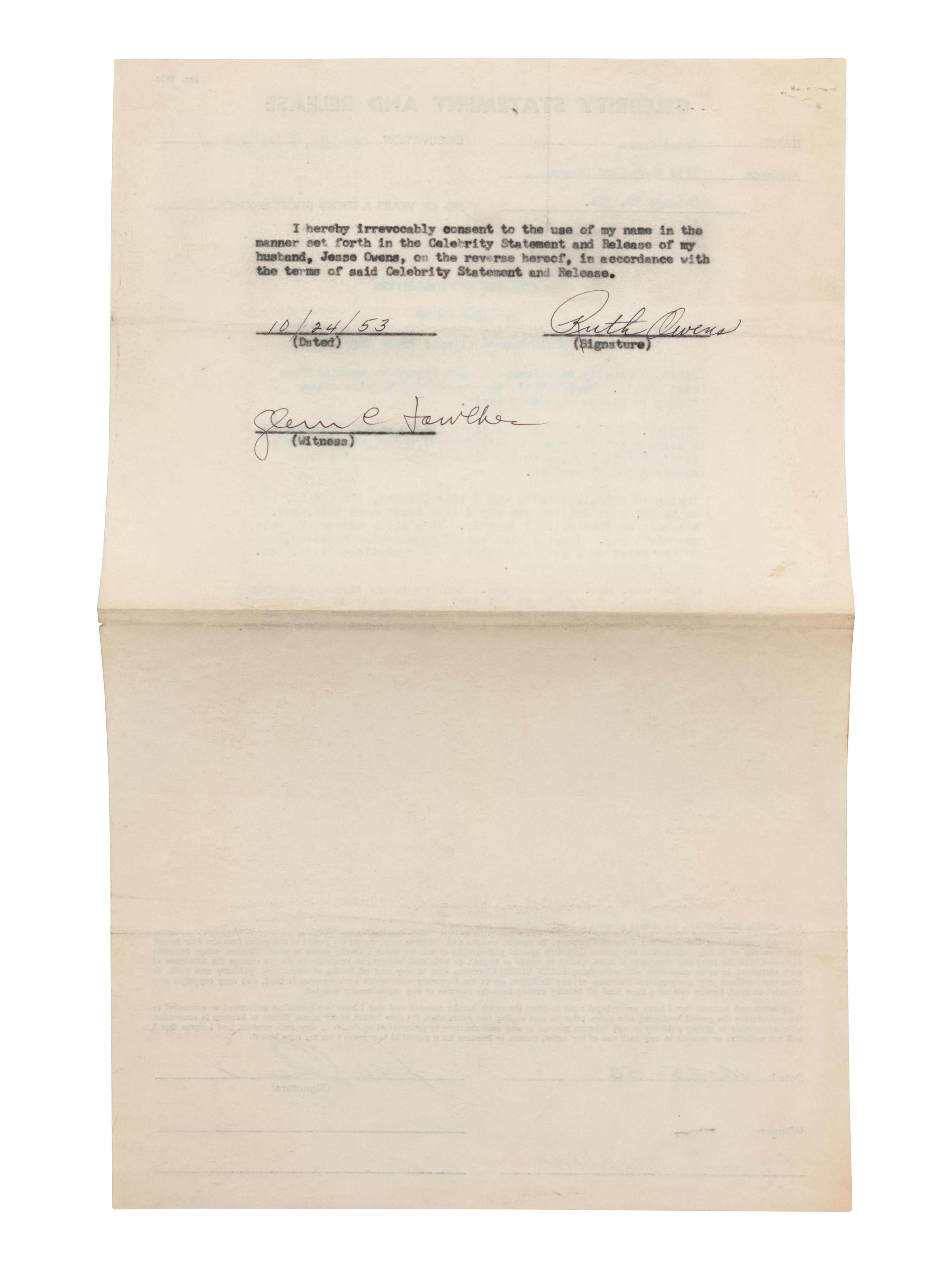 A 1953 Jesse Owens Signed American Tobacco Contract,