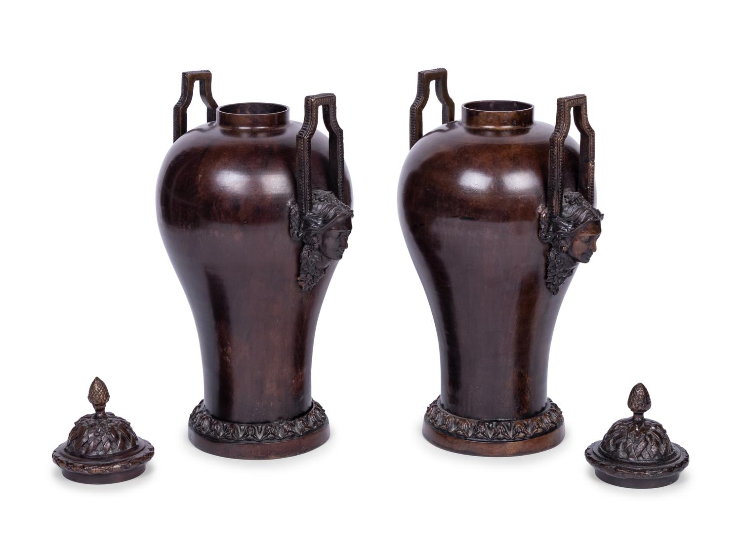A Pair of Neoclassical Style Patinated Bronze Covered Urns