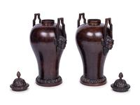 A Pair of Neoclassical Style Patinated Bronze Covered Urns