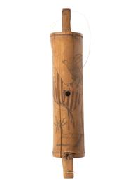 [SPANISH AMERICAN WAR]. Spanish American War-period bamboo canteen with folk art decoration. Ca late 19th century.