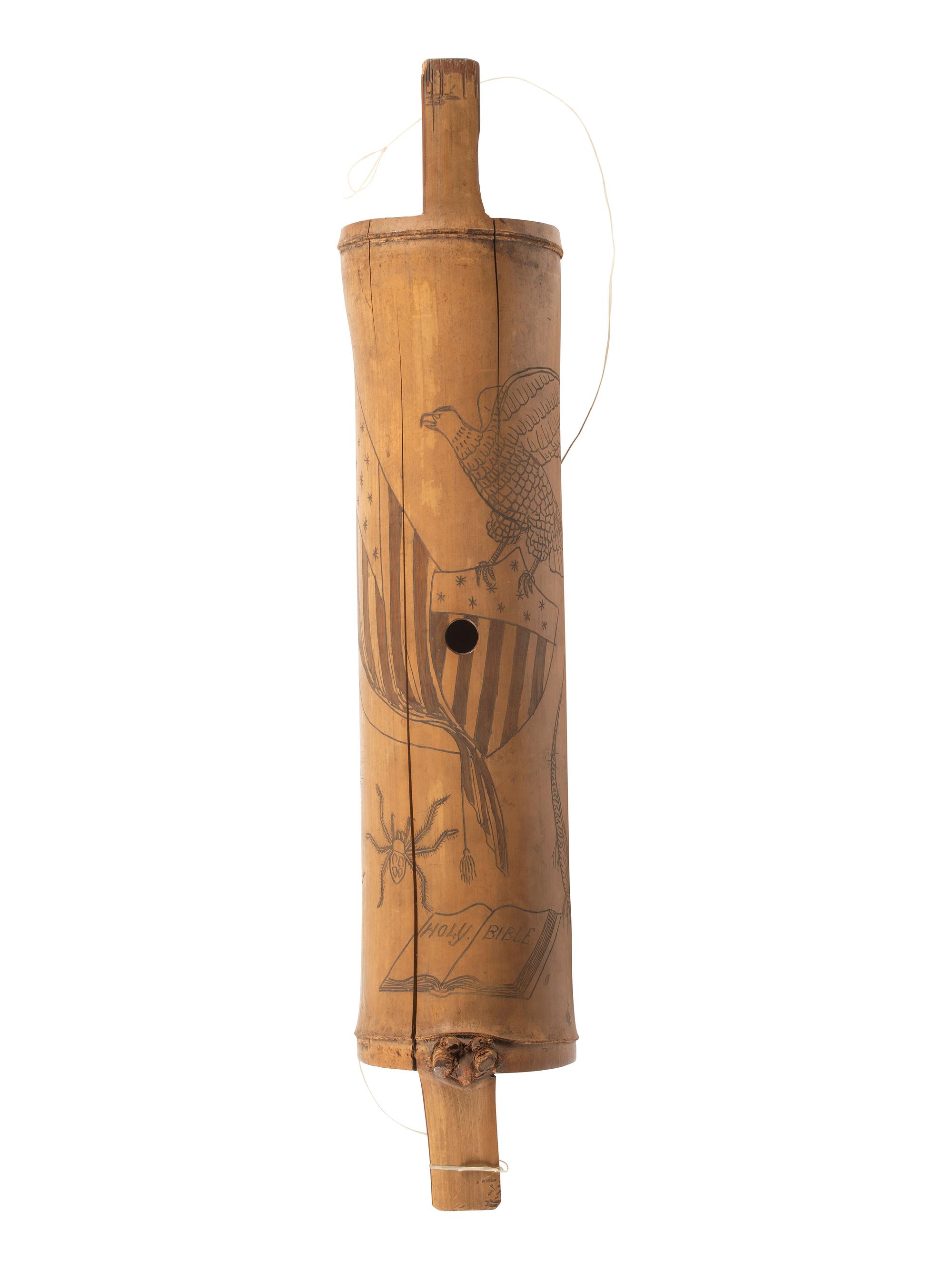 [SPANISH AMERICAN WAR]. Spanish American War-period bamboo canteen with folk art decoration. Ca late 19th century.