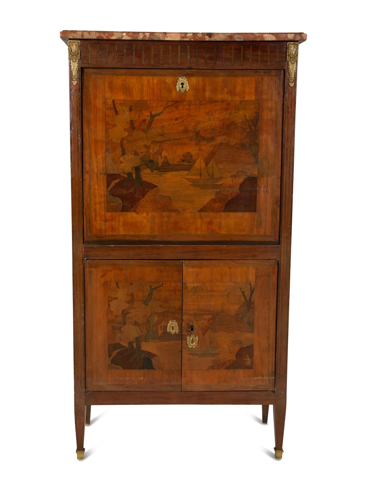 A Louis XVI Style Marquetry Marble-Top Secrétaire à Abattant