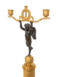 A Pair of Empire Style Parcel-Gilt and Patinated Bronze Figural Two-Light Candelabra