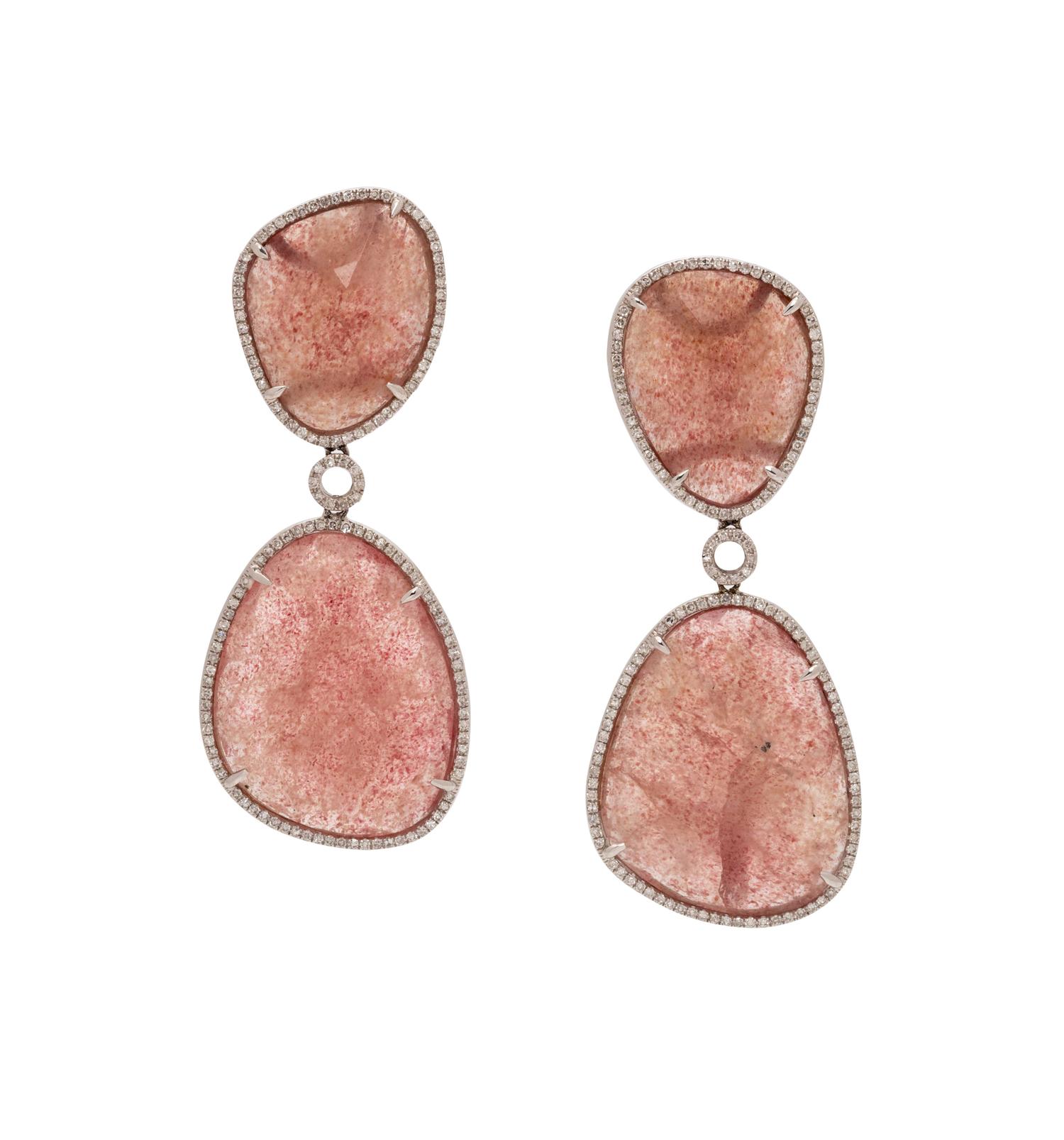 DIAMOND AND PINK AVENTURINE EARCLIPS