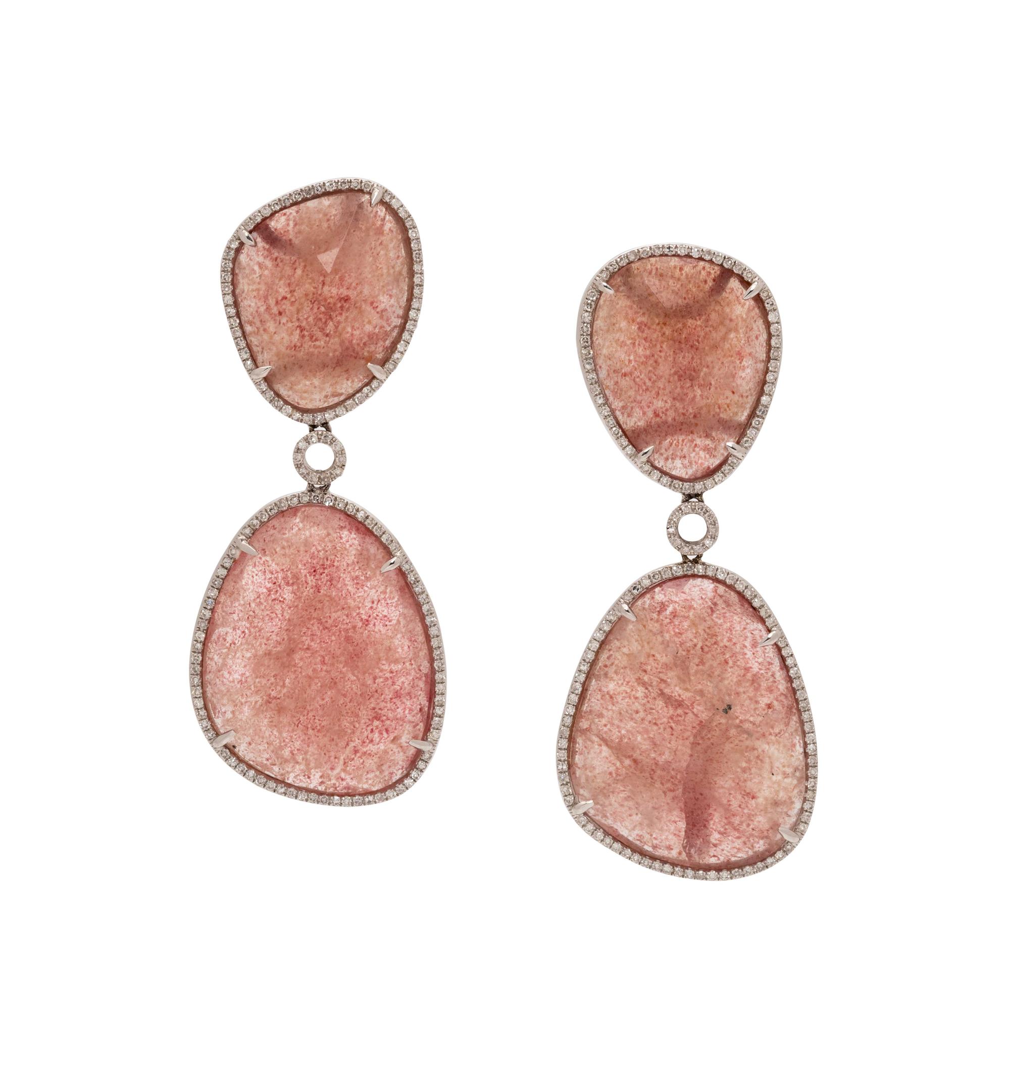 DIAMOND AND PINK AVENTURINE EARCLIPS