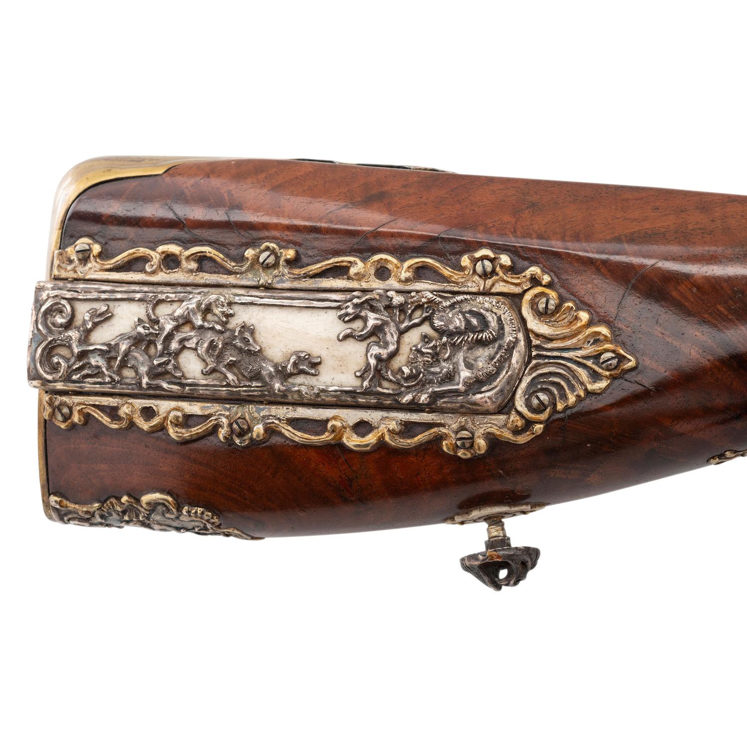 Contemporary Flintlock Jaeger Rifle with Boar Hunting Motifs by John B. Derrick (American, b.1936)