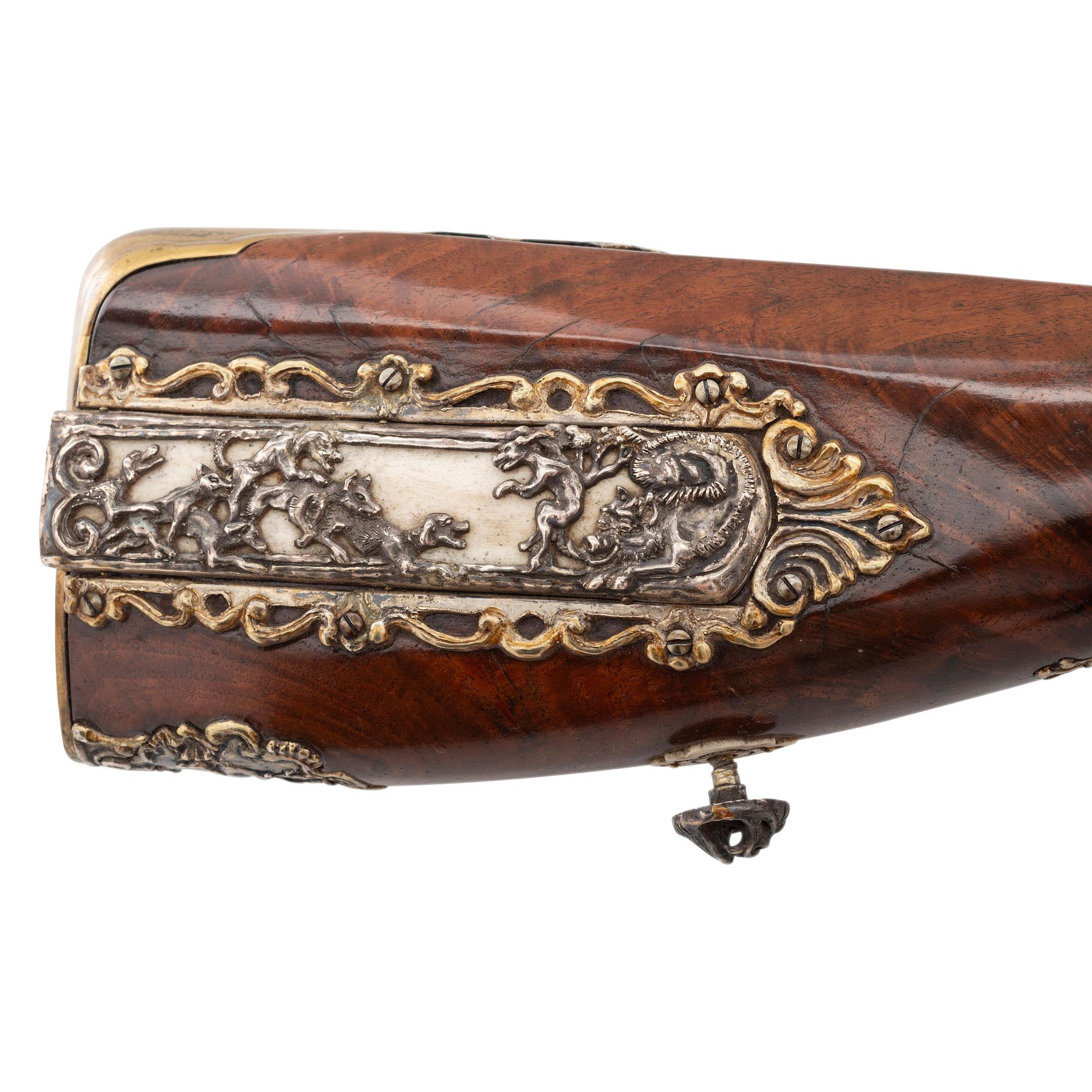 Contemporary Flintlock Jaeger Rifle with Boar Hunting Motifs by John B. Derrick (American, b.1936)