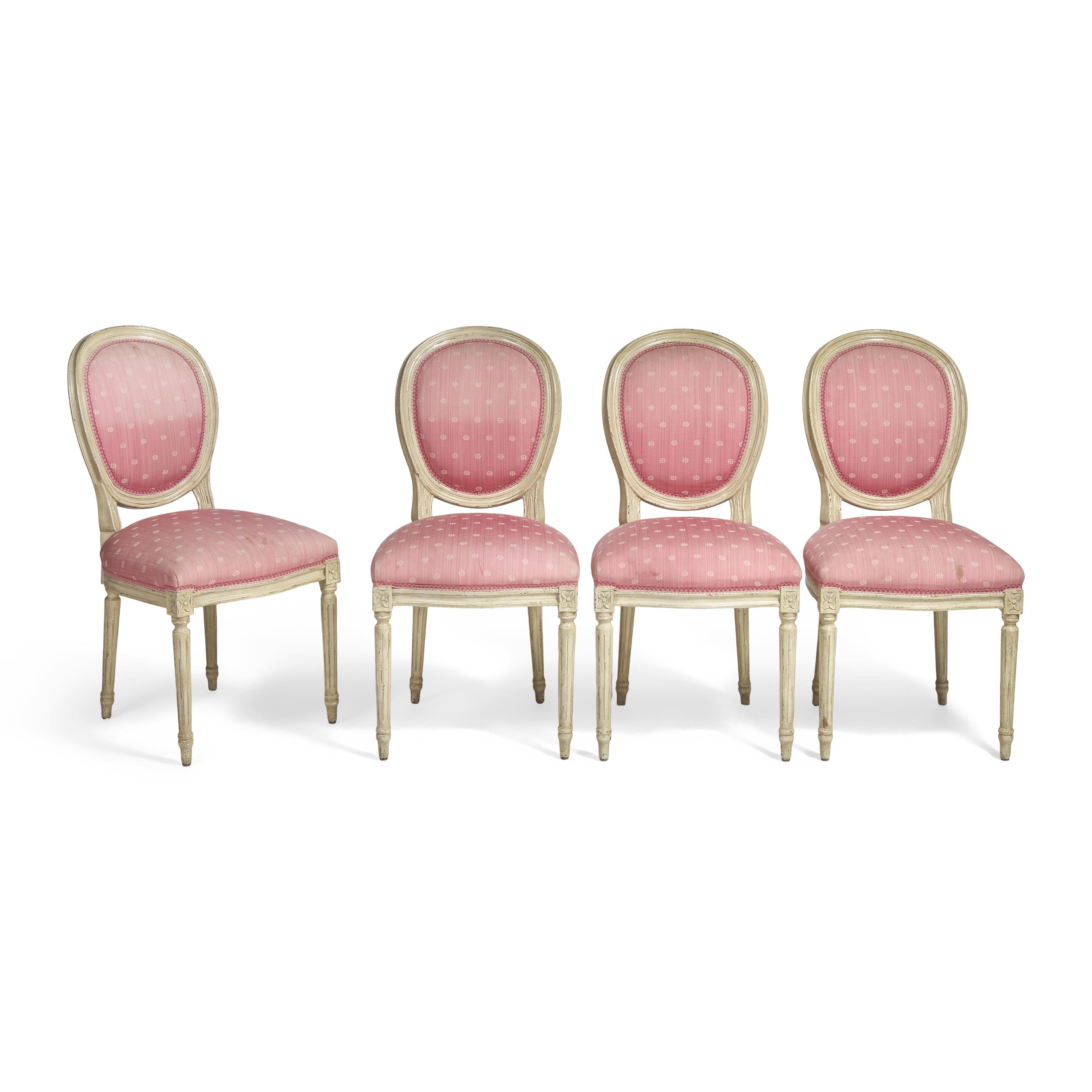 A Set of Four Louis XVI Style White-Painted and Upholstered Fauteuils
