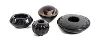 Four Santa Clara Blackware Miniature Vessels, Height of the first 3/4 x diameter 3 1/2 inches.