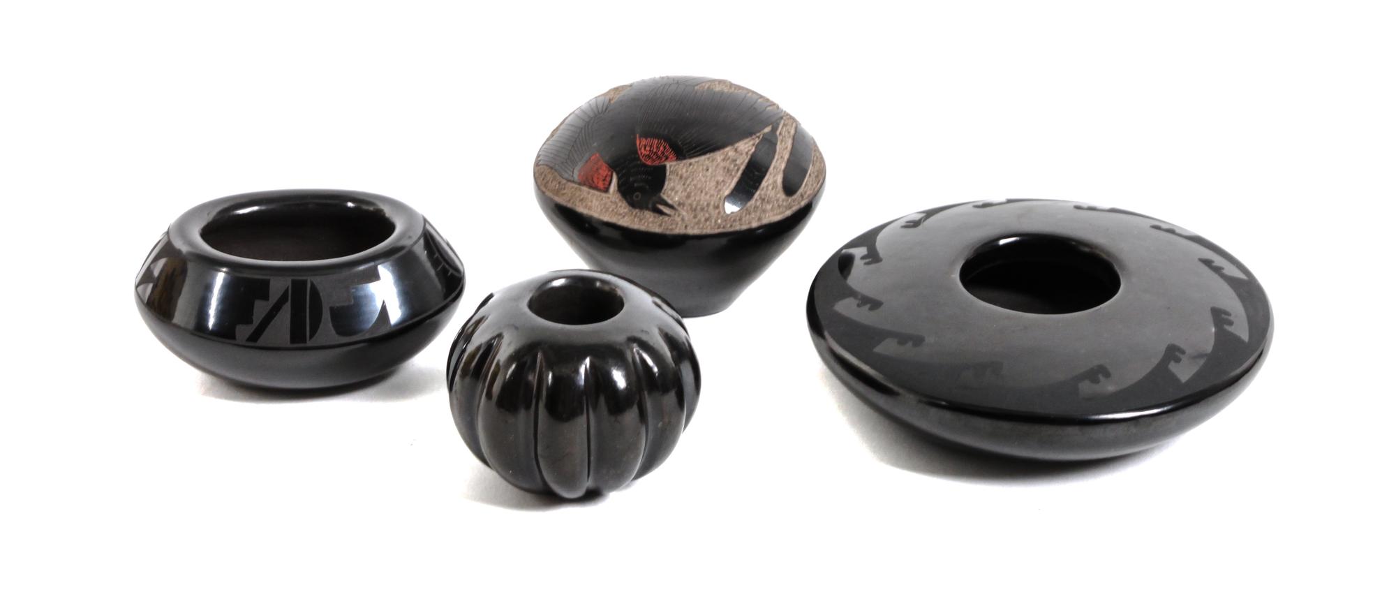 Four Santa Clara Blackware Miniature Vessels, Height of the first 3/4 x diameter 3 1/2 inches.
