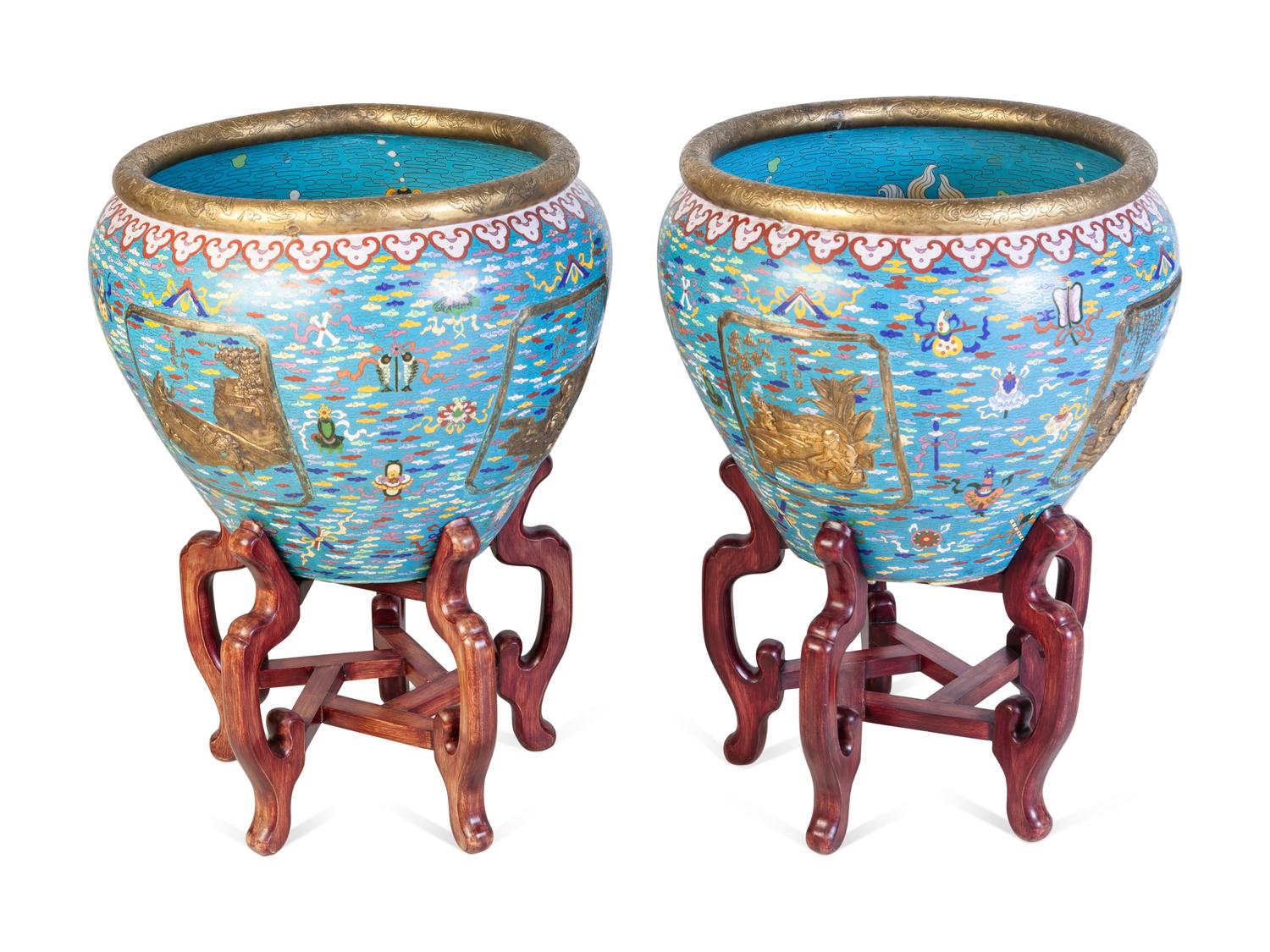 A Pair of Large Chinese Export Cloisonné Fish Bowls and Stands