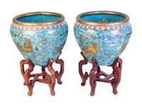 A Pair of Large Chinese Export Cloisonné Fish Bowls and Stands