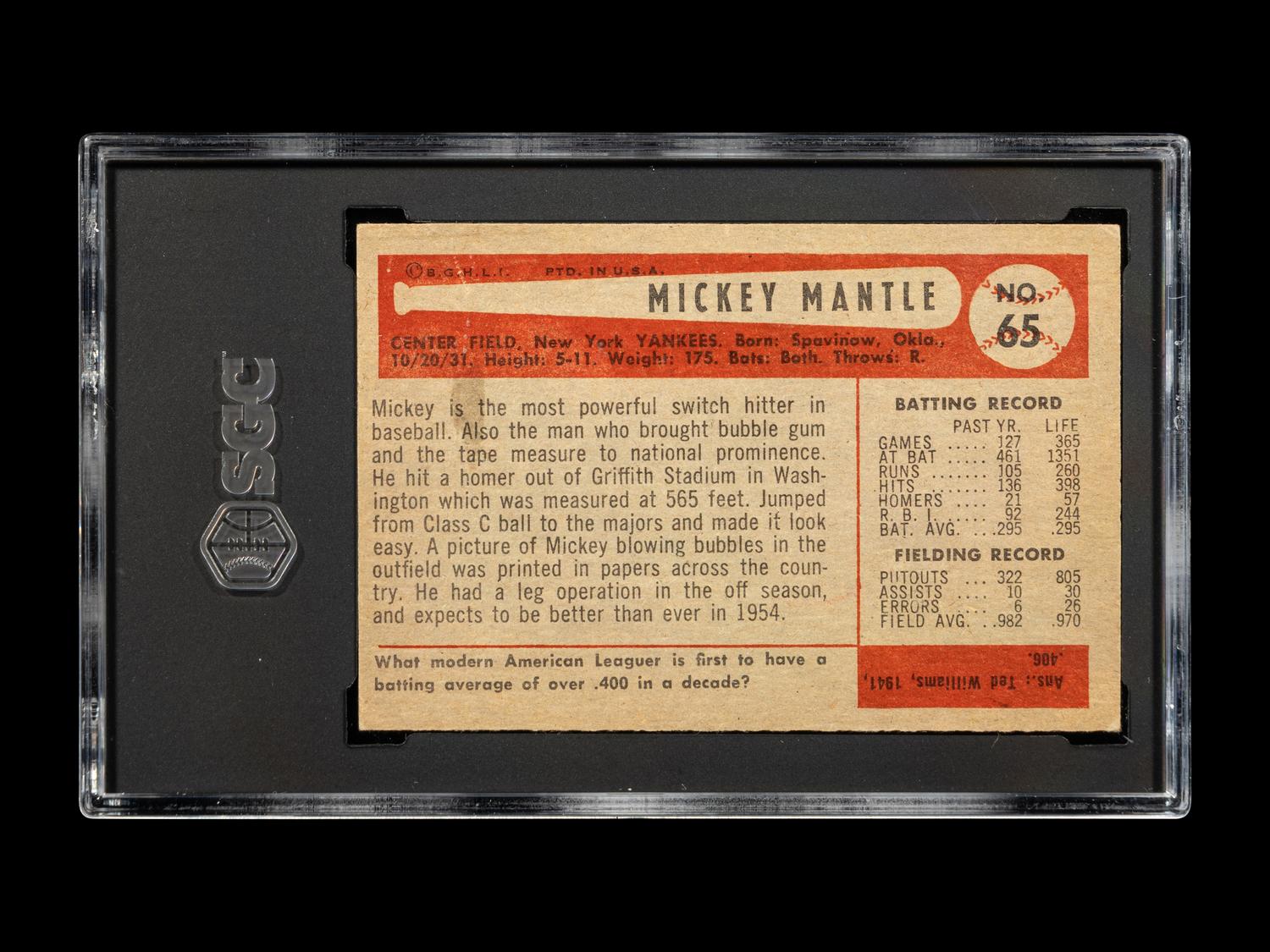A 1954 Bowman Mickey Mantle Baseball Card No. 65 (SGC 4 VG-EX)