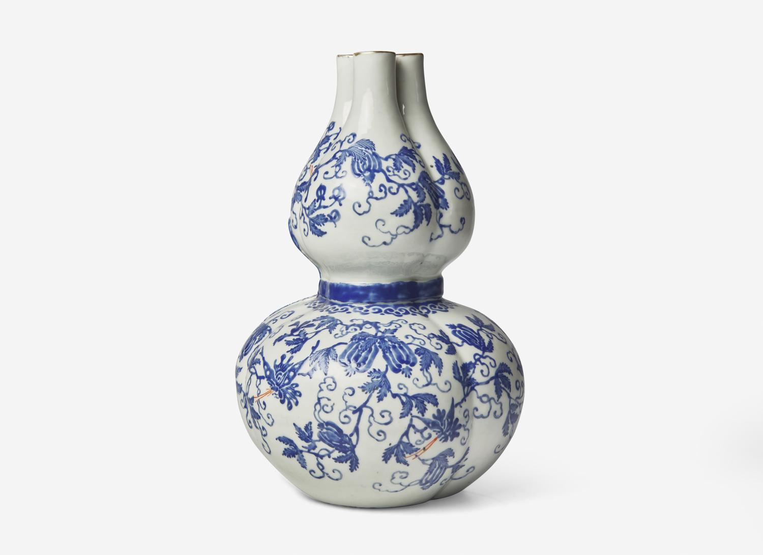 An Unusual Chinese Blue Enameled Porcelain Three-Necked Double Gourd Vase