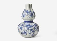 An Unusual Chinese Blue Enameled Porcelain Three-Necked Double Gourd Vase
