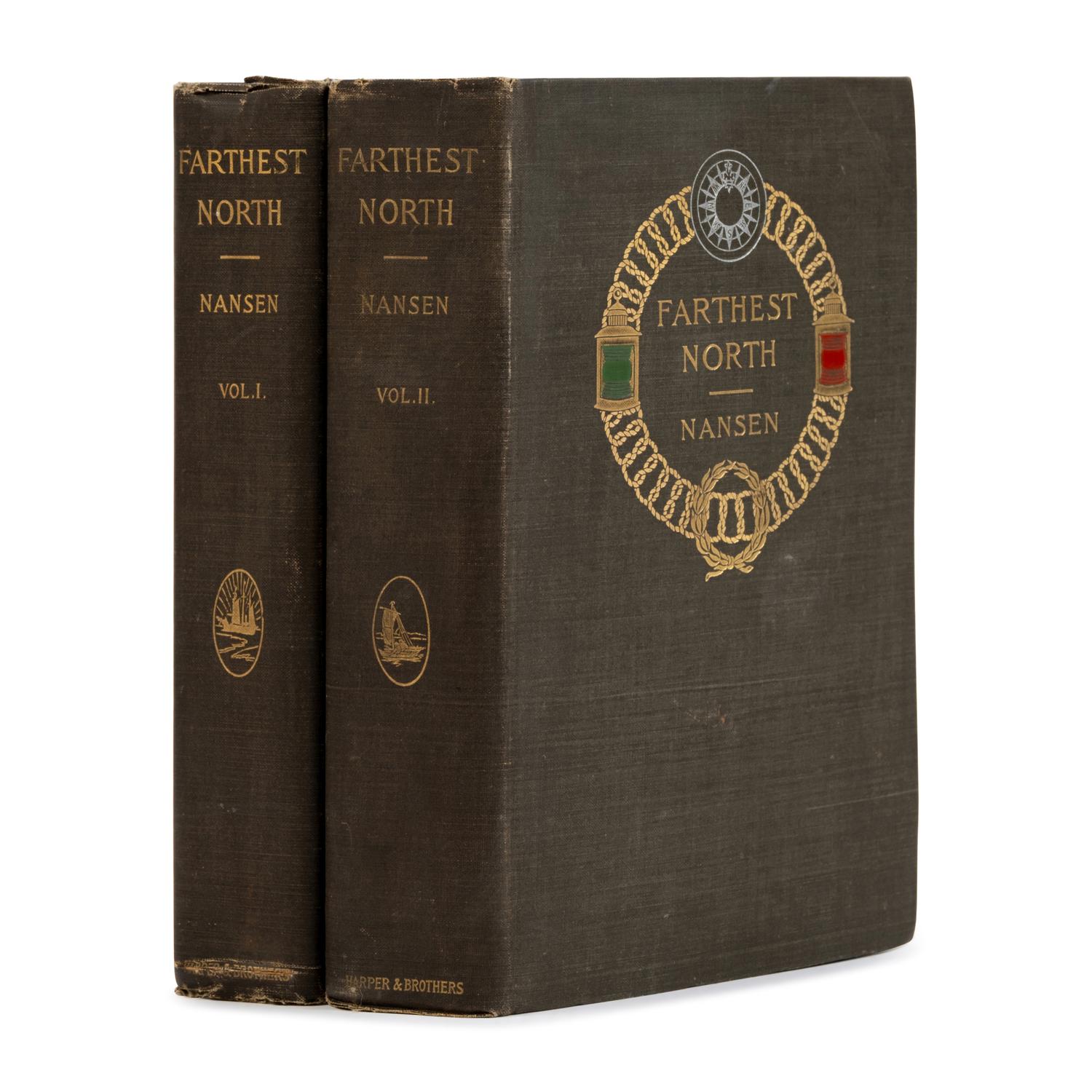 [Travel & Exploration]. Nansen, Fridtjof (1861-1930). Farthest North. Being the Record of a Voyage of Exploration of the Ship Fram 1893-96 and of a Fifteen Months' Sleigh Journey by Dr. Nansen and Lieut. Johansen. With an Appendix by Otto Sverdrup, Captain of the Fram . London: Archibald Constable and Co., 1897.