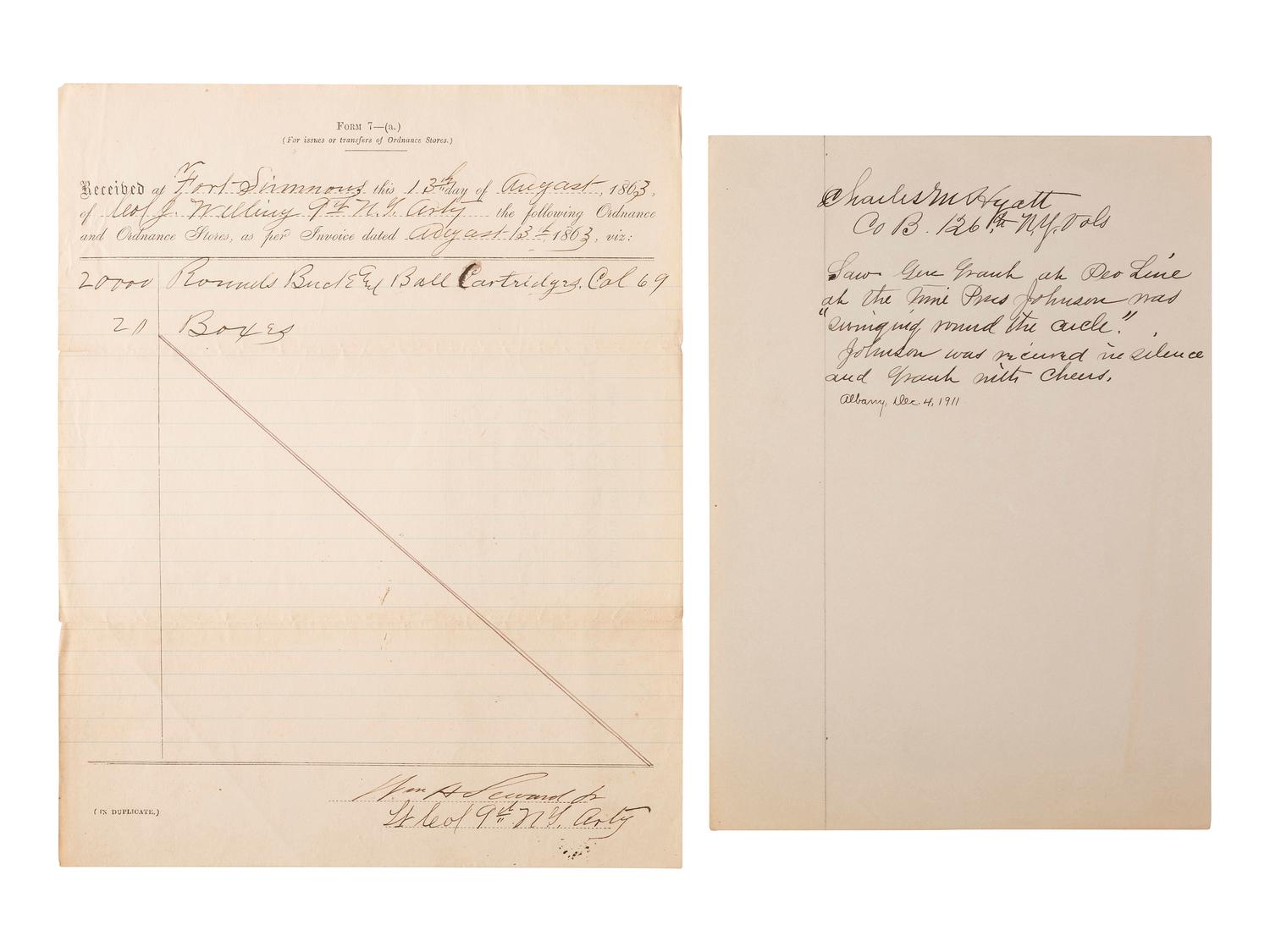 [CIVIL WAR]. Autographs from Civil War soldiers incl. Generals SHERMAN, MCCLELLAN, and BUTLER.