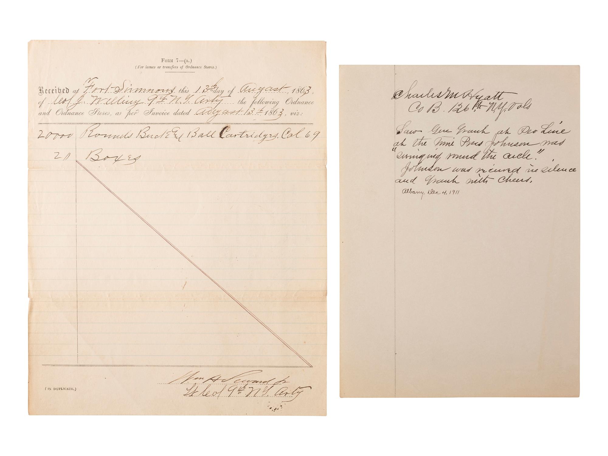 [CIVIL WAR]. Autographs from Civil War soldiers incl. Generals SHERMAN, MCCLELLAN, and BUTLER.