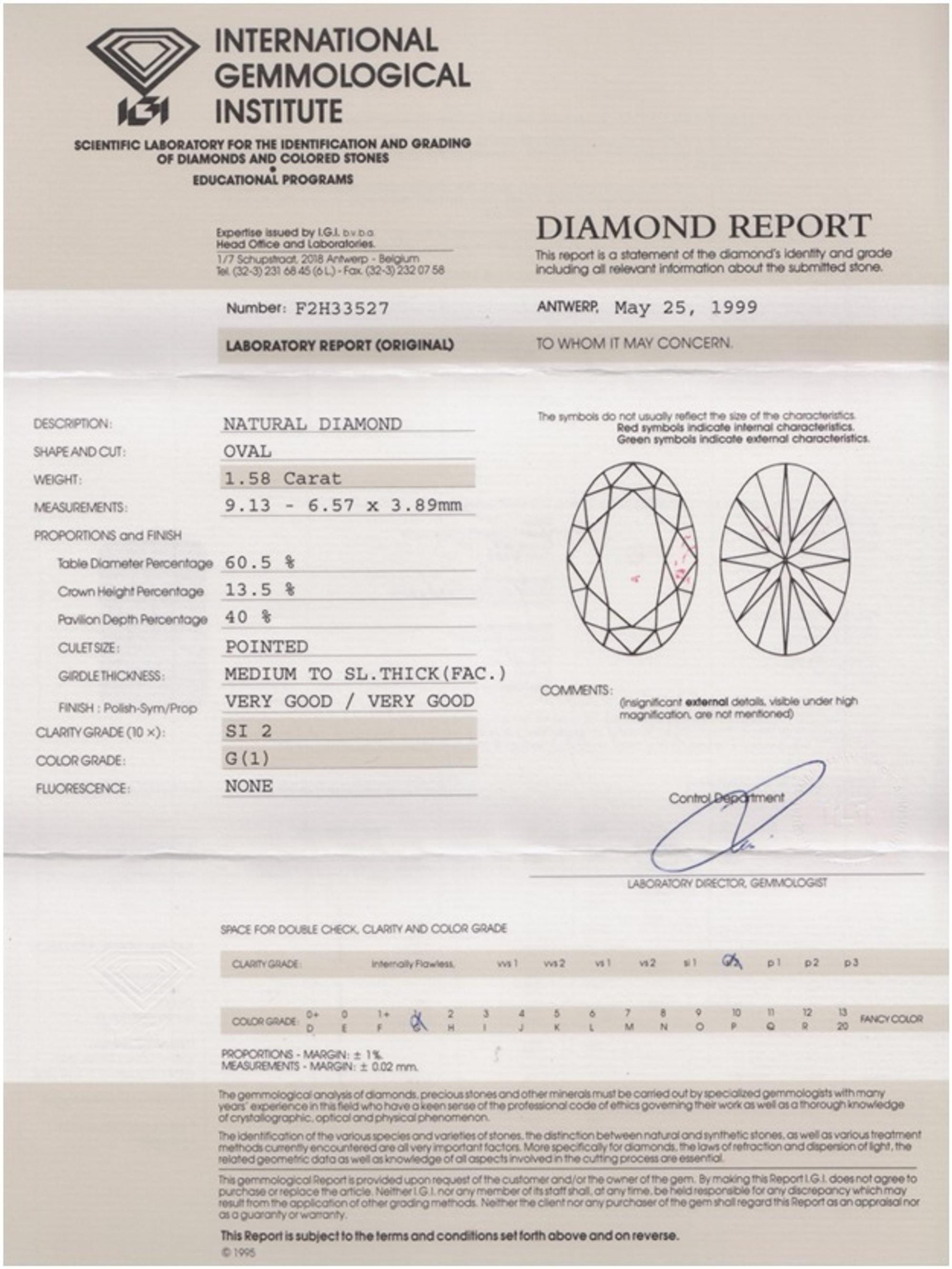 A 1.58 Carat Oval Brilliant Cut Diamond,