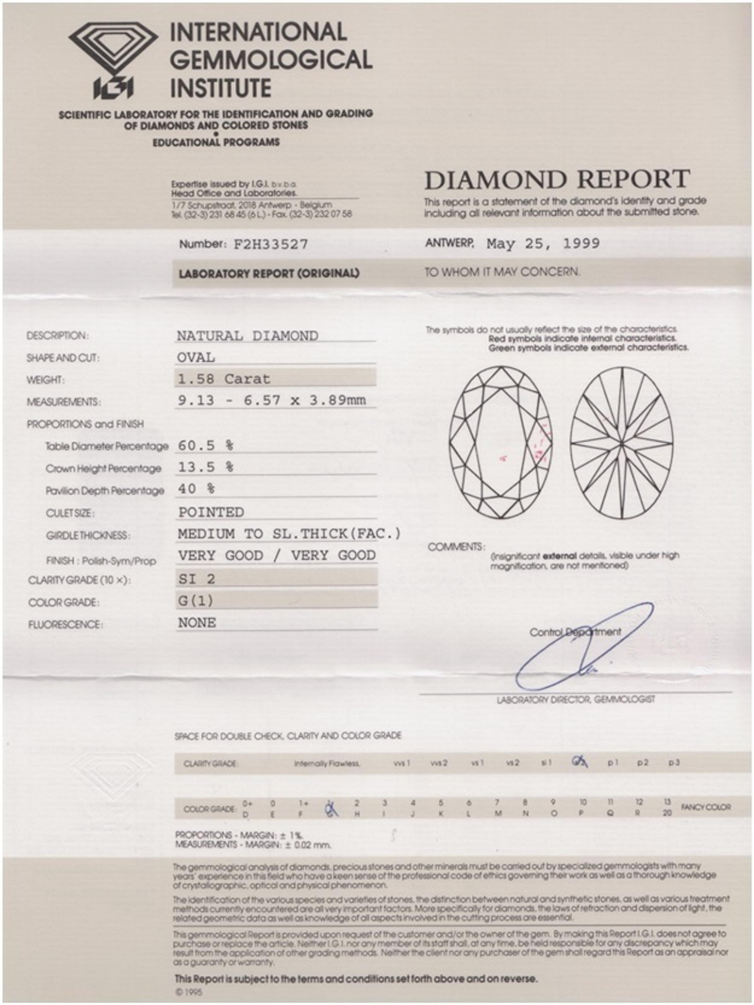 A 1.58 Carat Oval Brilliant Cut Diamond,