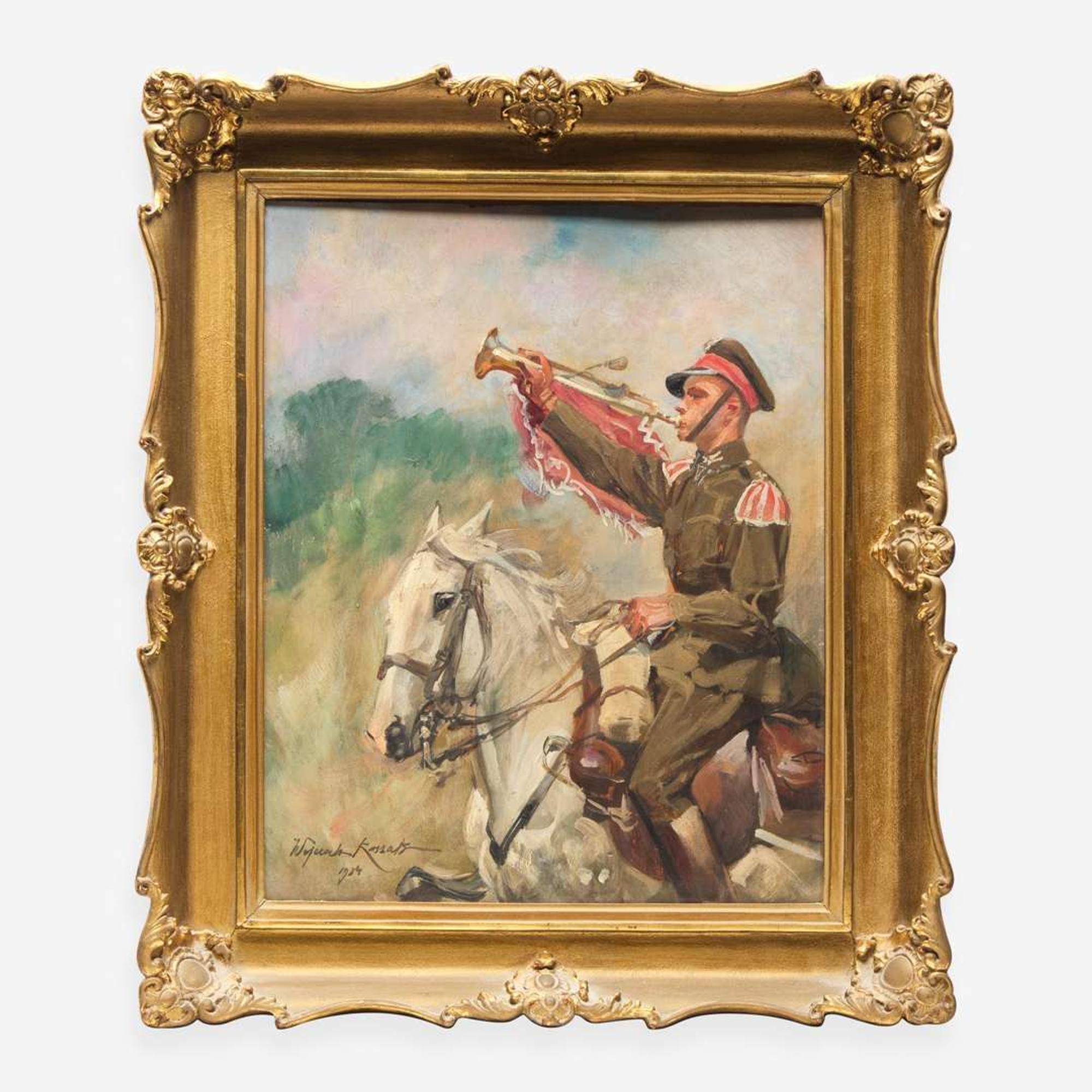 Woiciech (Aldabert) Ritter von Kossak (Polish, 1856-1942) Trumpetting Soldier on Horseback