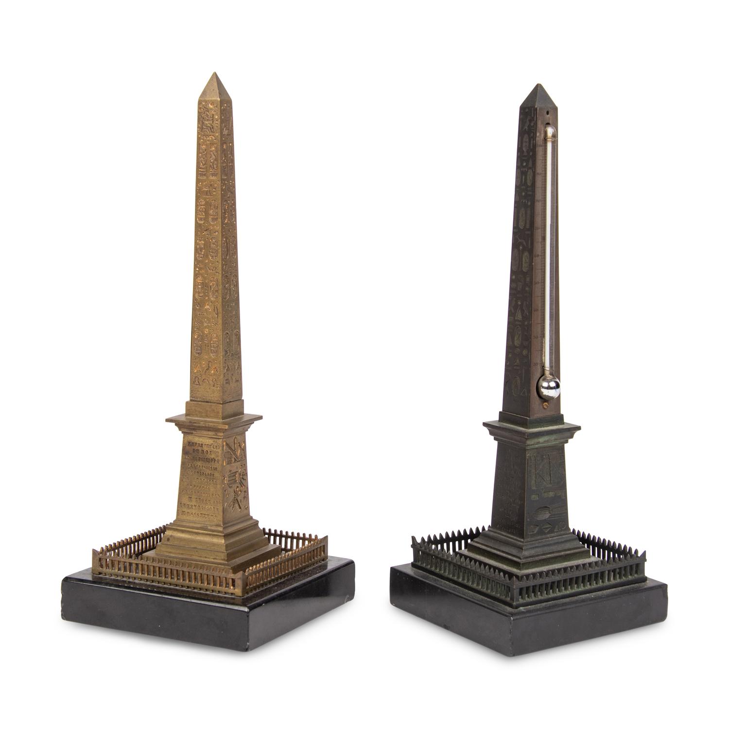Two Grand Tour Bronze Luxor Obelisk Thermometers
