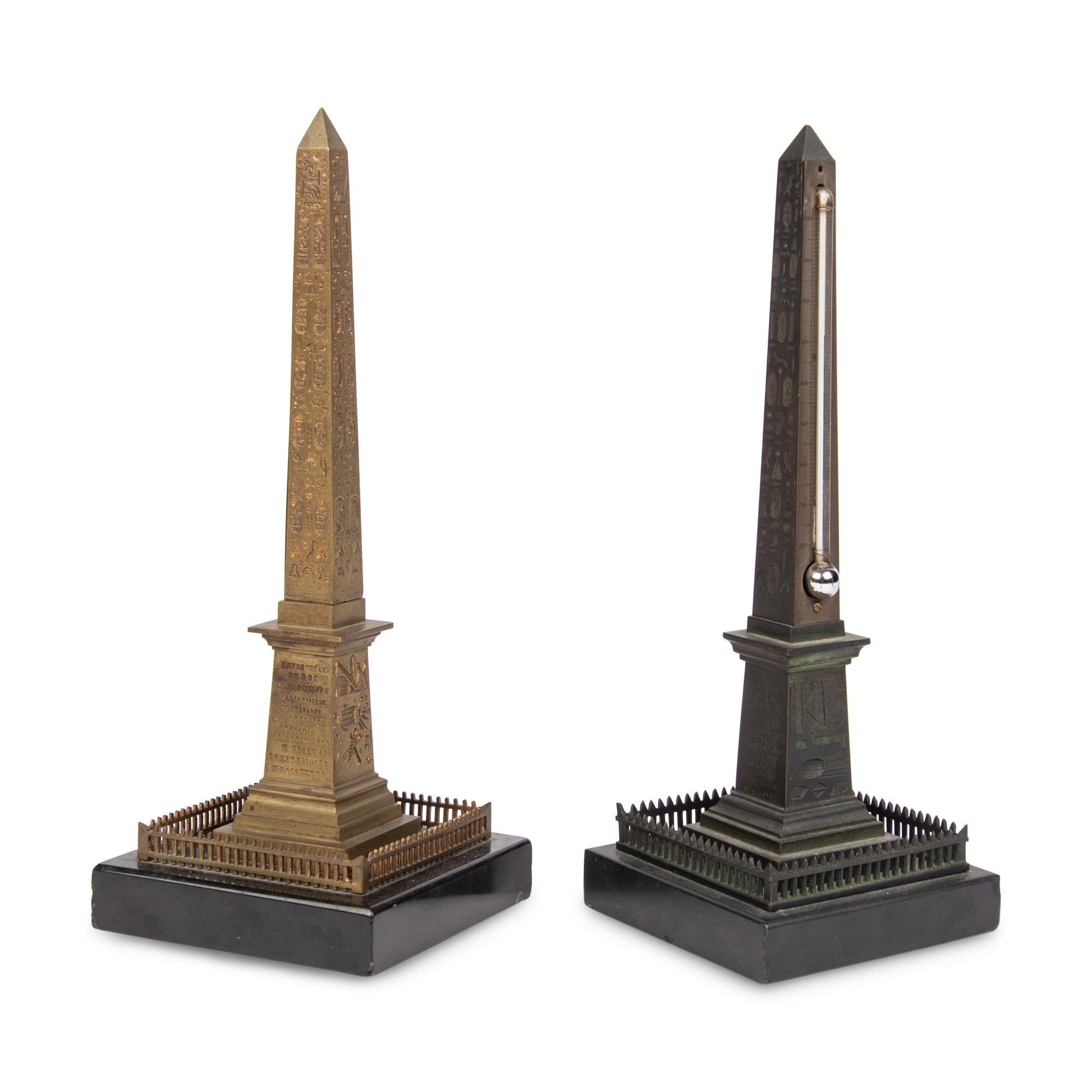 Two Grand Tour Bronze Luxor Obelisk Thermometers