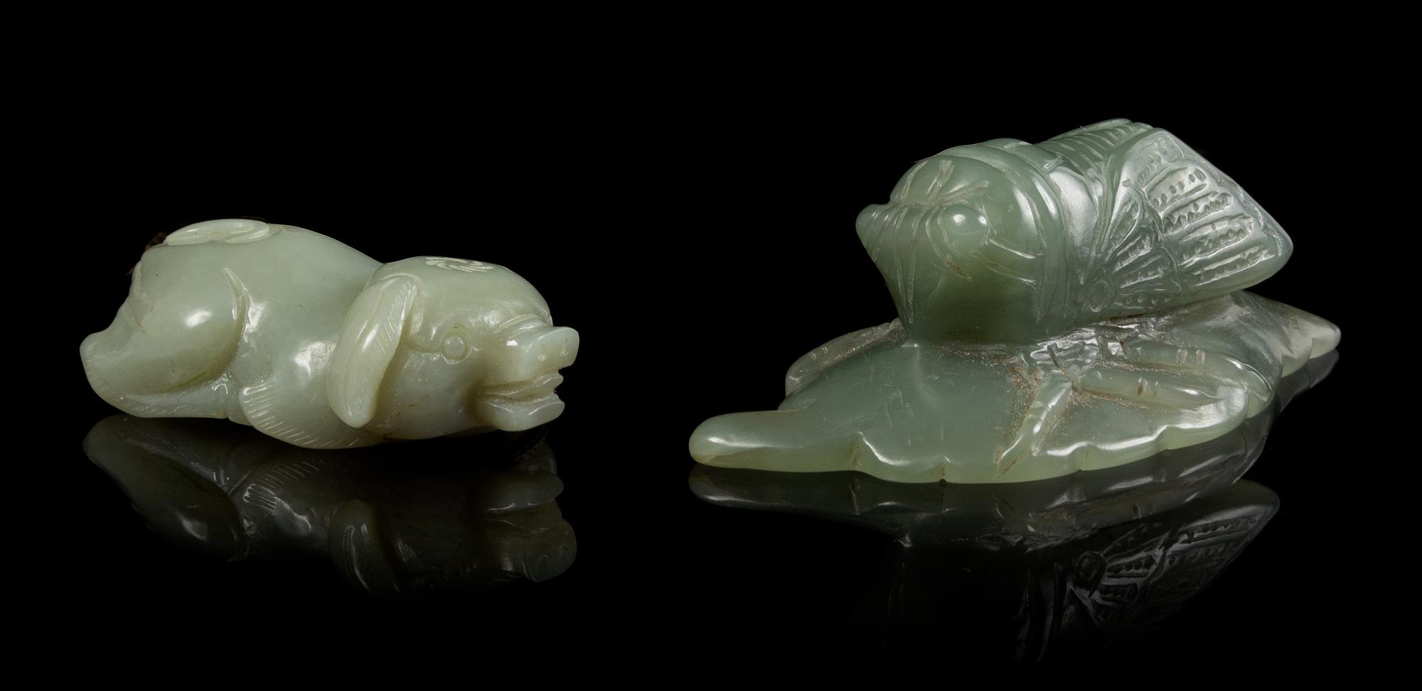 Two Carved Jade Articles Length of first 3 1/8 inches.