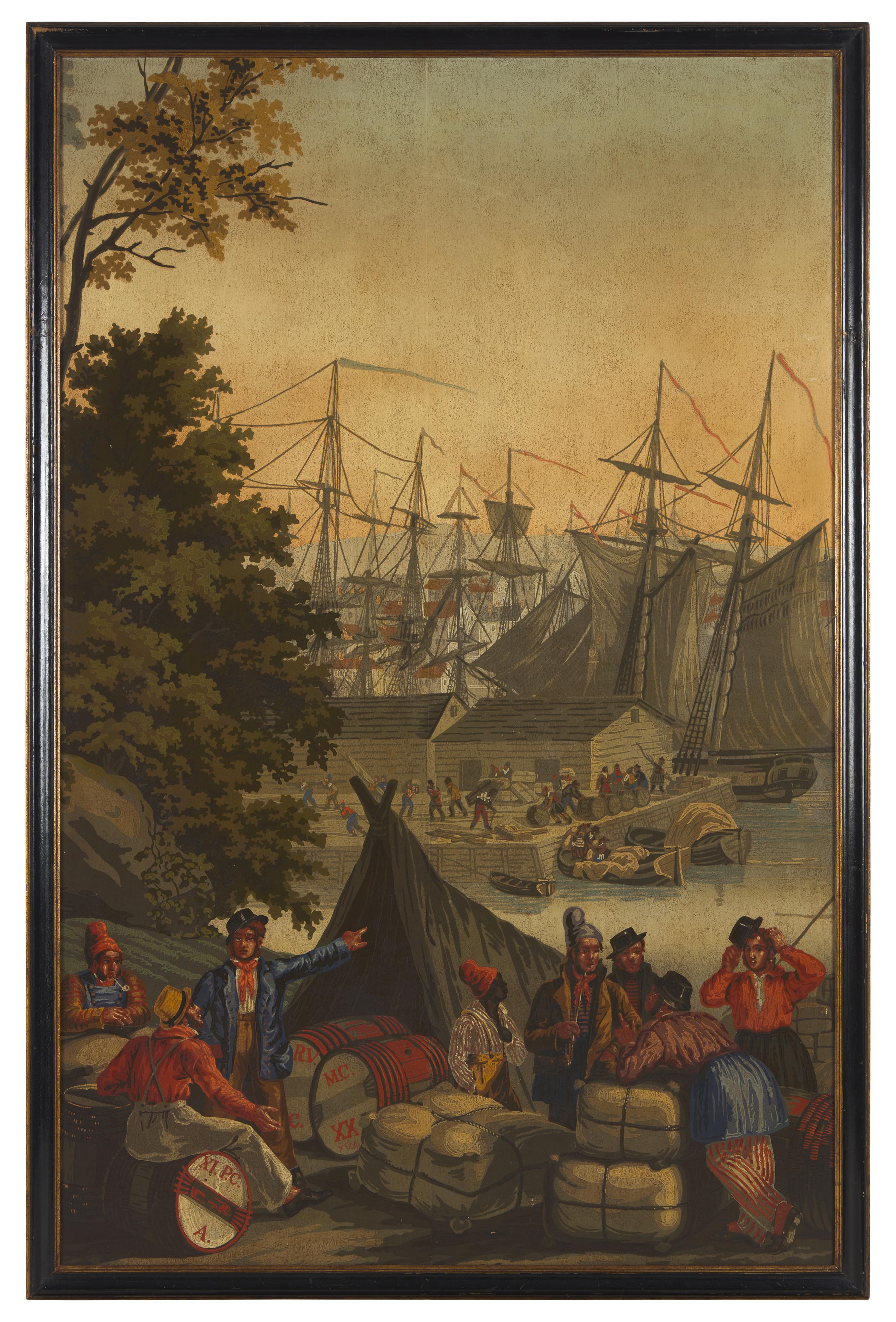 A Zuber & Cie Three-Panel Wallpaper "Vues D'Amerique du Nord" Depicting Boston Harbor