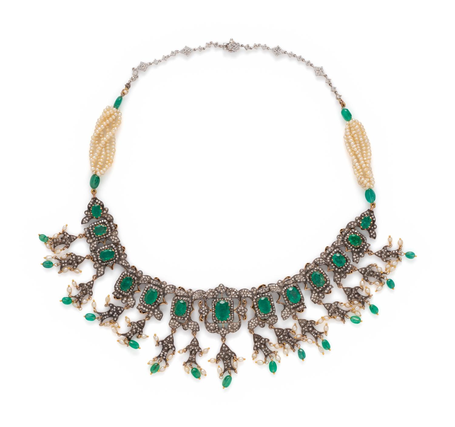 EMERALD, DIAMOND AND SEED PEARL NECKLACE