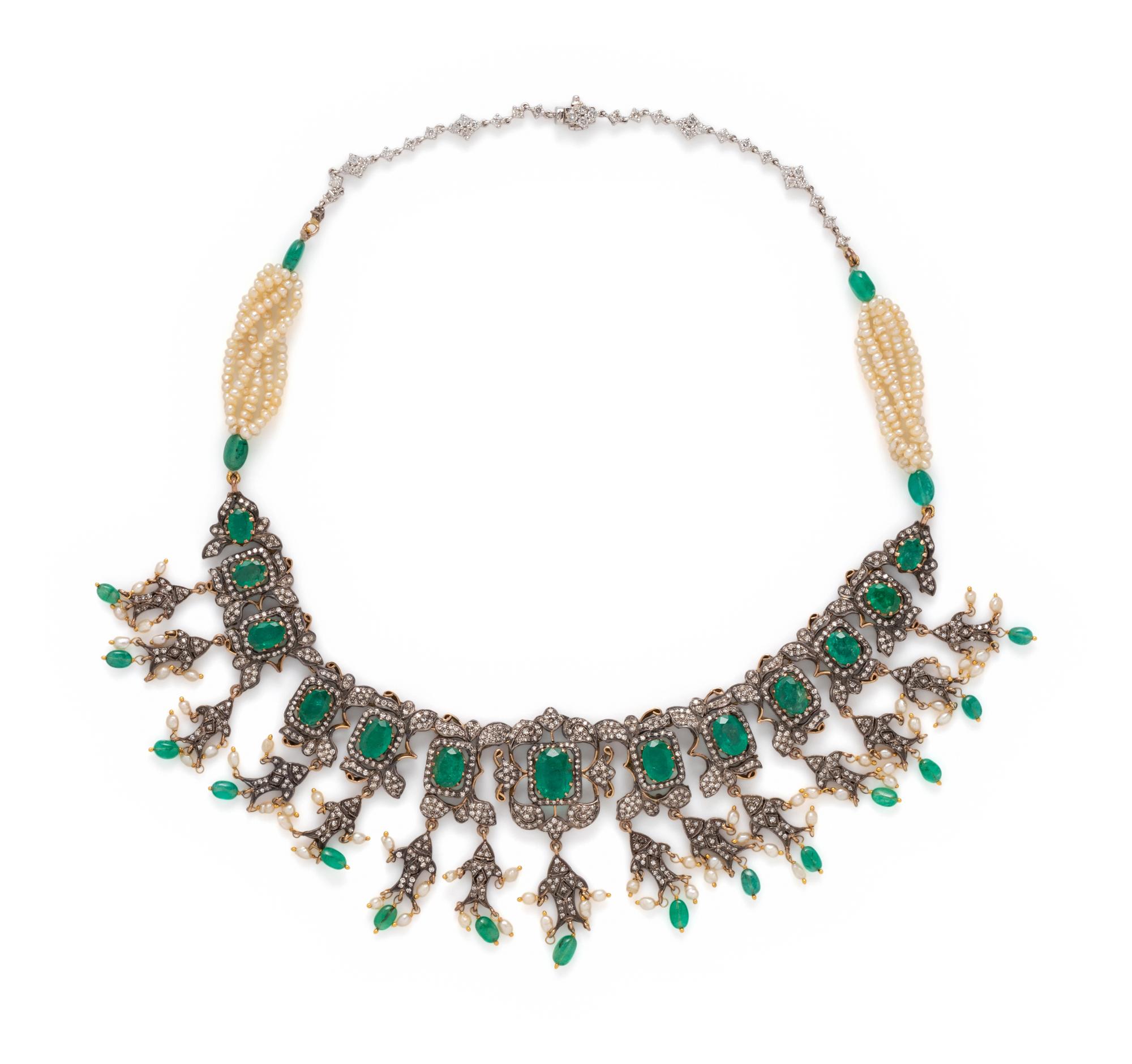 EMERALD, DIAMOND AND SEED PEARL NECKLACE