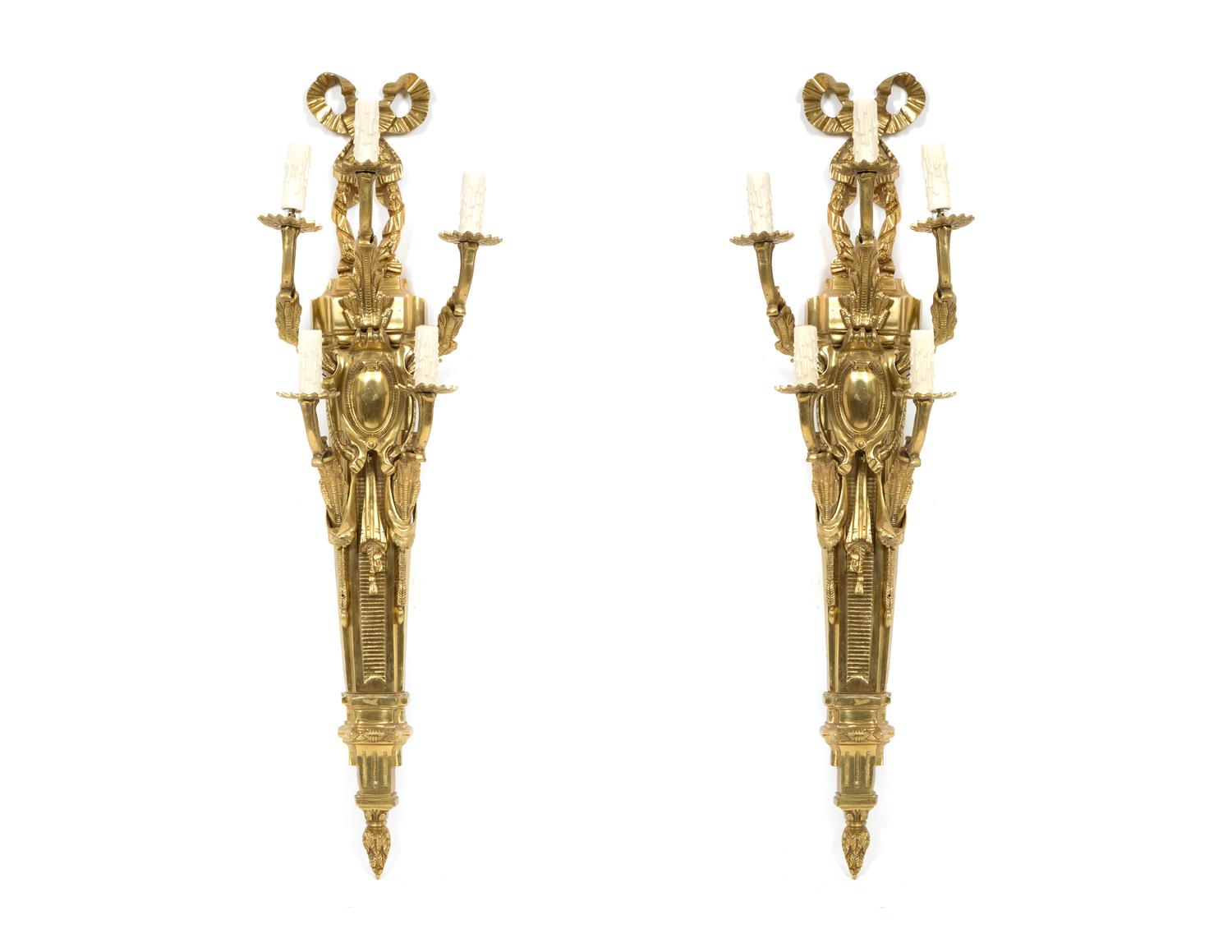 A Pair of Louis XVI Style Gilt Bronze Five-Light Sconces