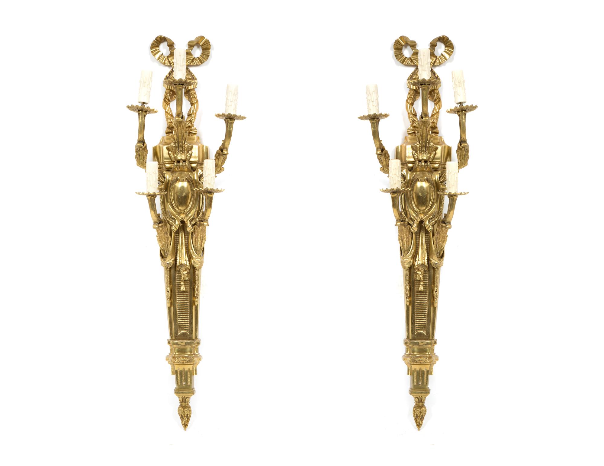 A Pair of Louis XVI Style Gilt Bronze Five-Light Sconces
