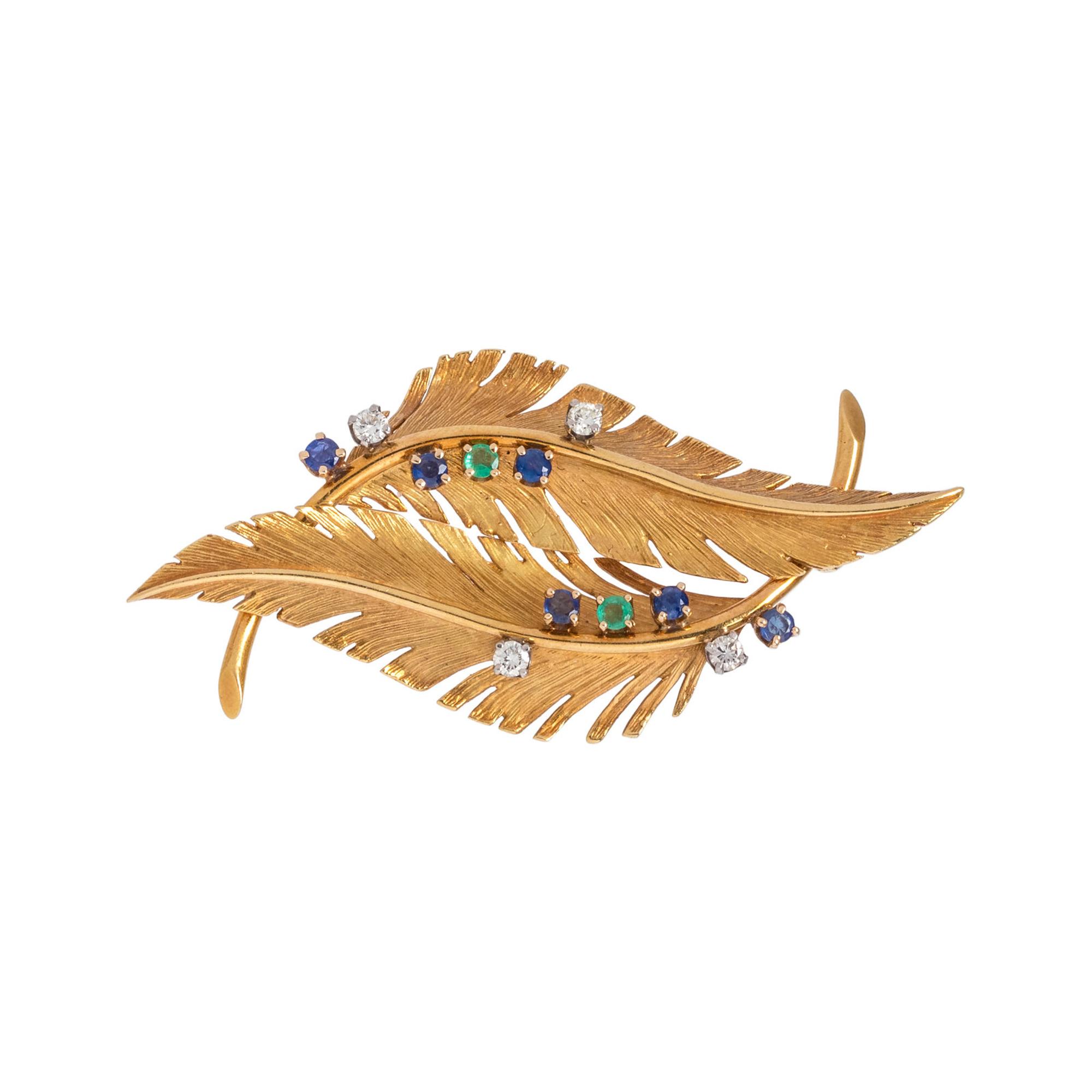 YELLOW GOLD, DIAMOND, SAPPHIRE AND EMERALD FEATHER BROOCH