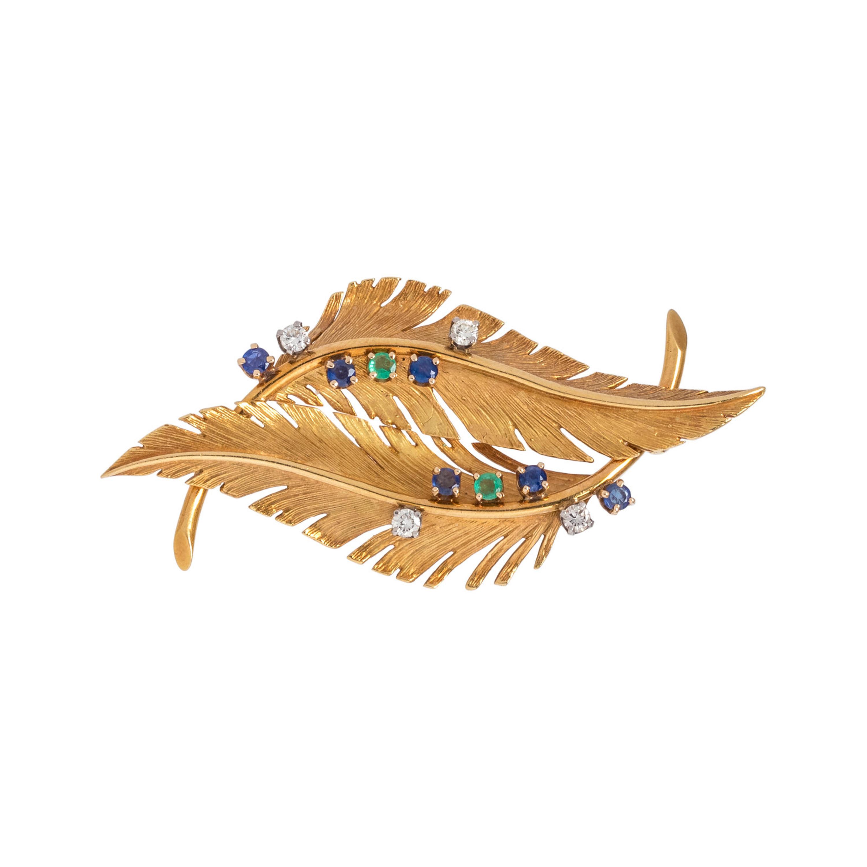 YELLOW GOLD, DIAMOND, SAPPHIRE AND EMERALD FEATHER BROOCH