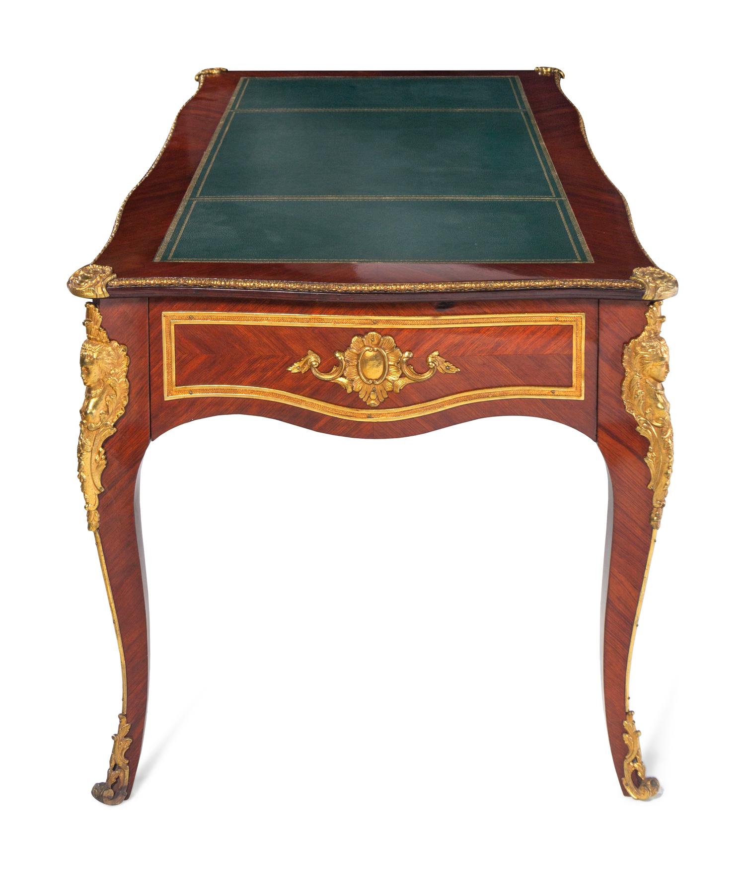 A Louis XV Style Gilt Bronze Mounted Mahogany Veneered Bureau Plat