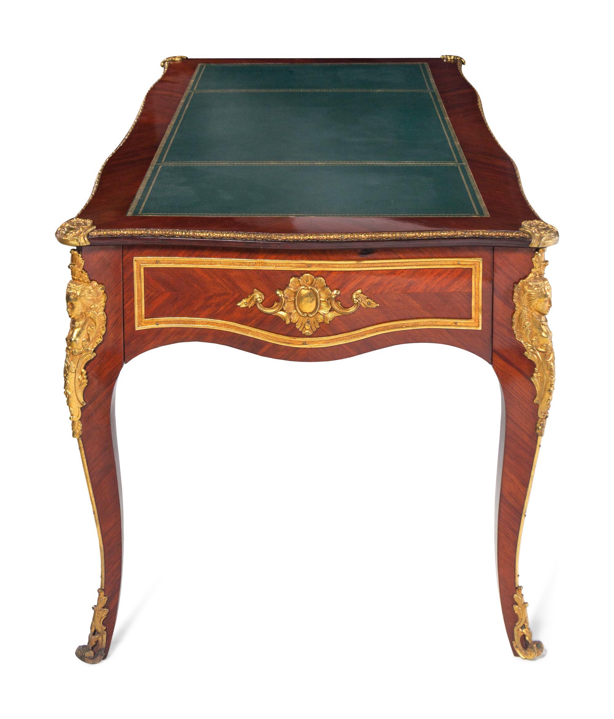 A Louis XV Style Gilt Bronze Mounted Mahogany Veneered Bureau Plat