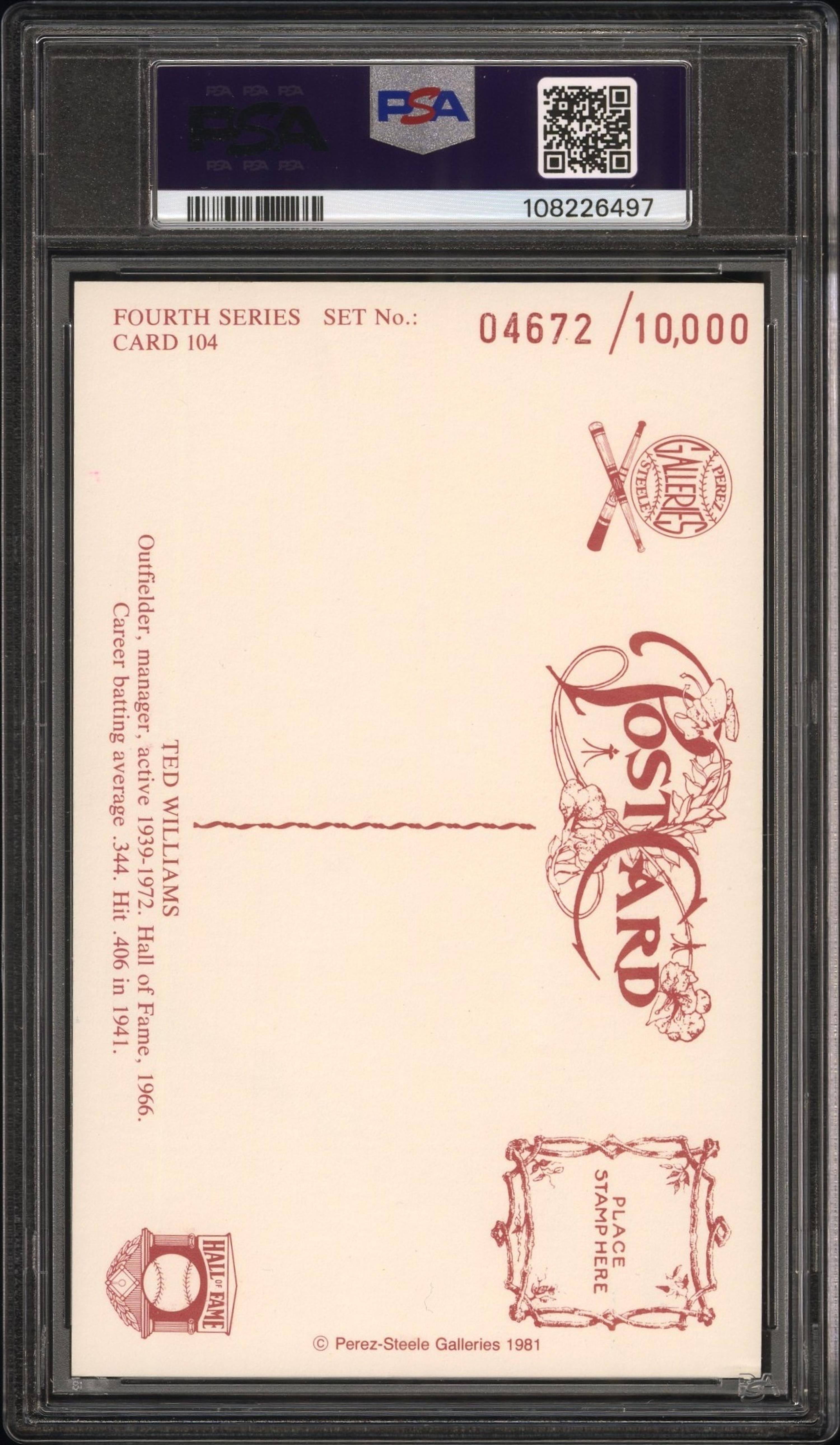 A Ted Williams Signed Autograph Perez Steele Hall of Fame Postcard (PSA 9 AUTO)