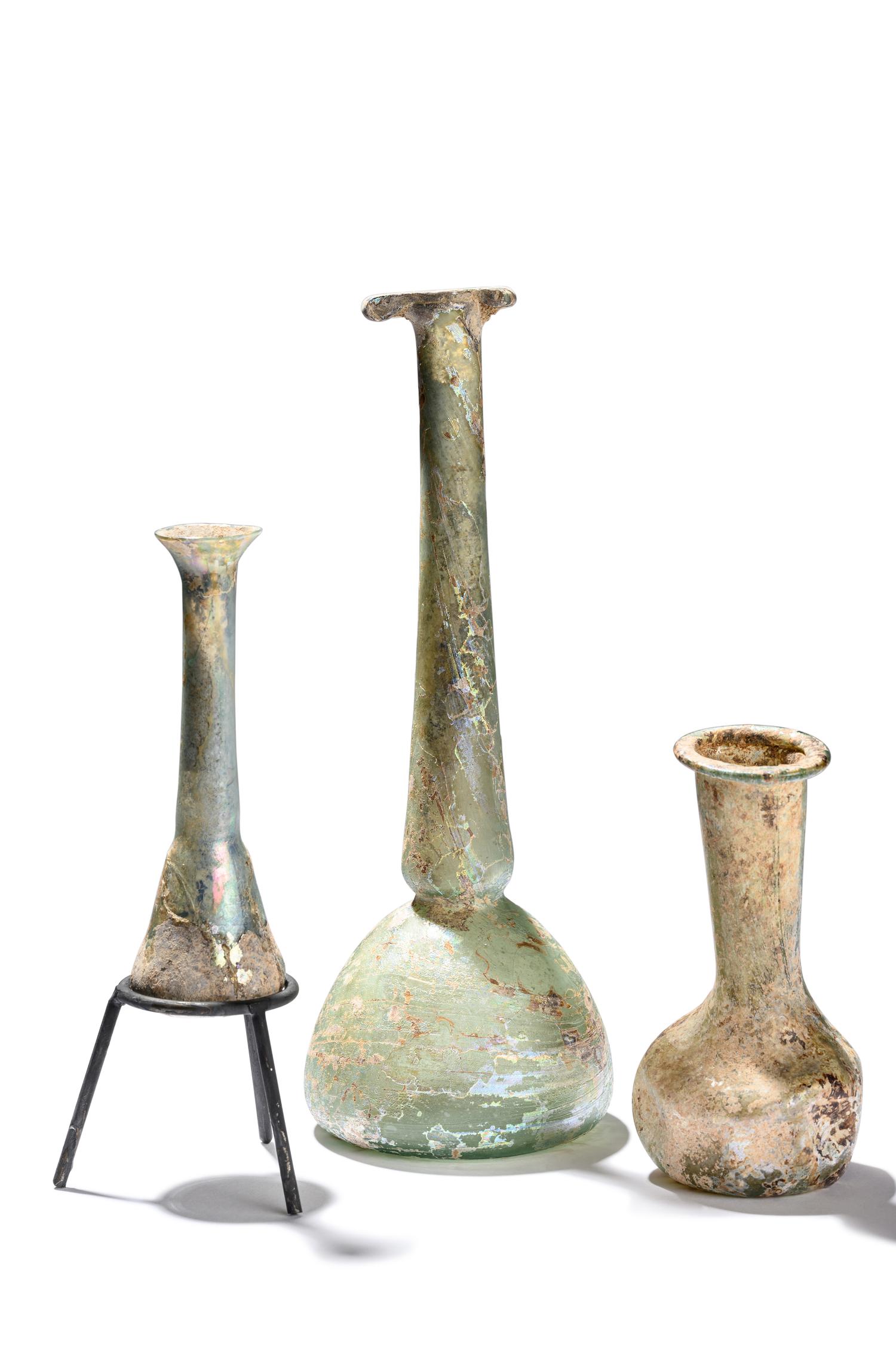 Three Roman Blue Glass Unguentaria
