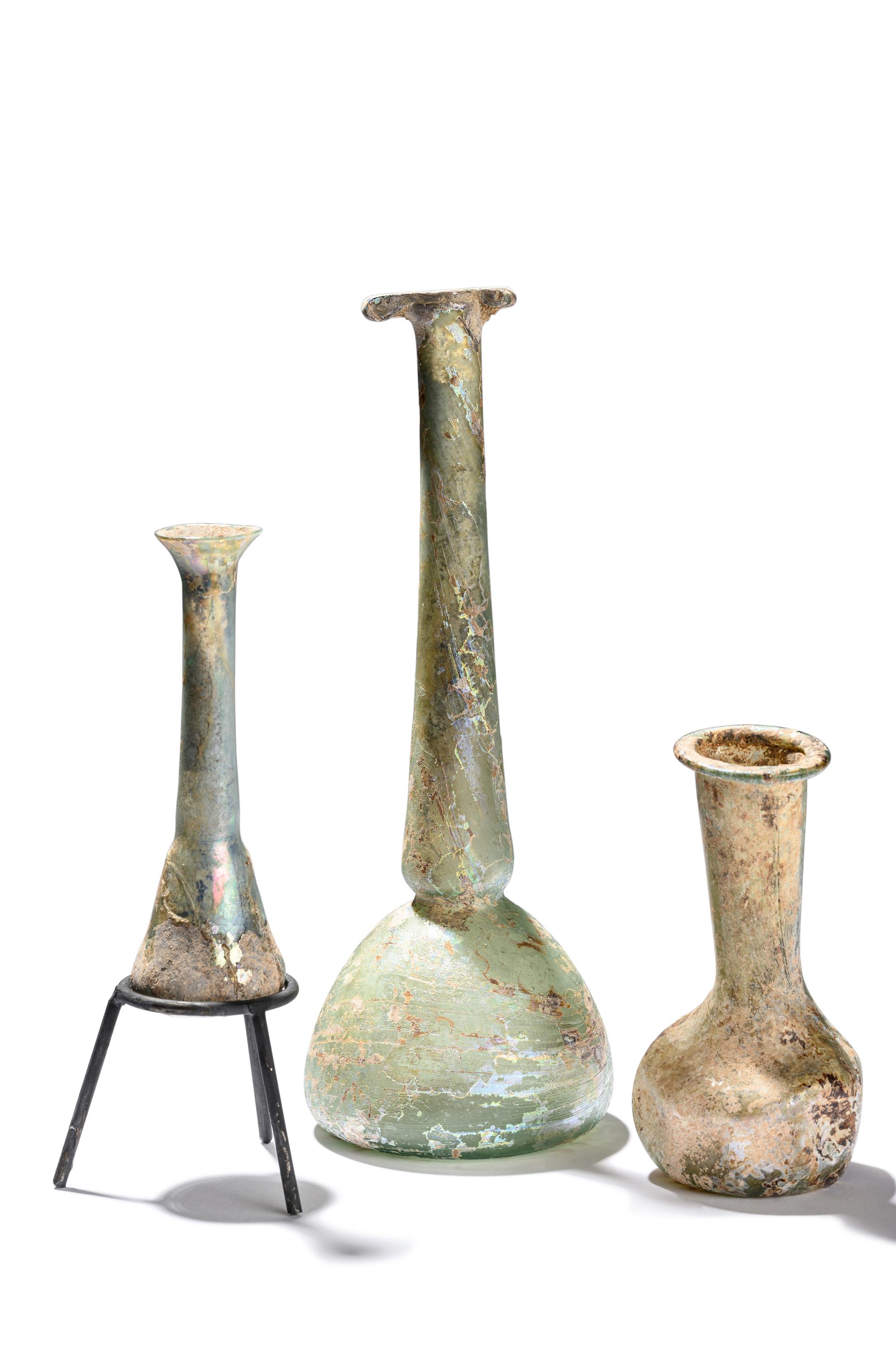 Three Roman Blue Glass Unguentaria