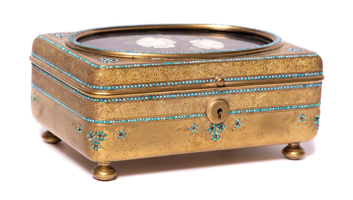 A French Gilt Bronze Jewel Box with Pietra Dura Inset Top Height 4 1/8 x width 8 5/8 x depth 6 inches. — 19TH CENTURY