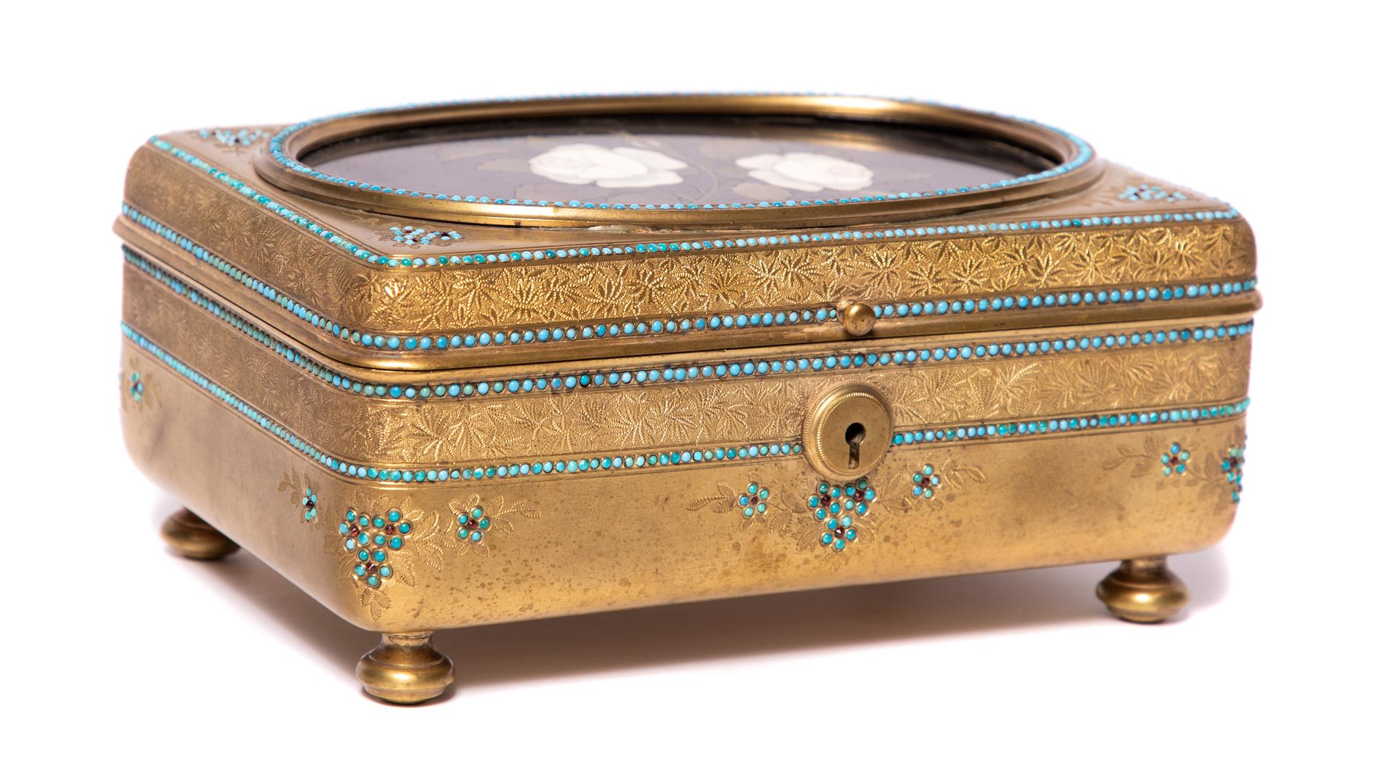 A French Gilt Bronze Jewel Box with Pietra Dura Inset Top Height 4 1/8 x width 8 5/8 x depth 6 inches. — 19TH CENTURY