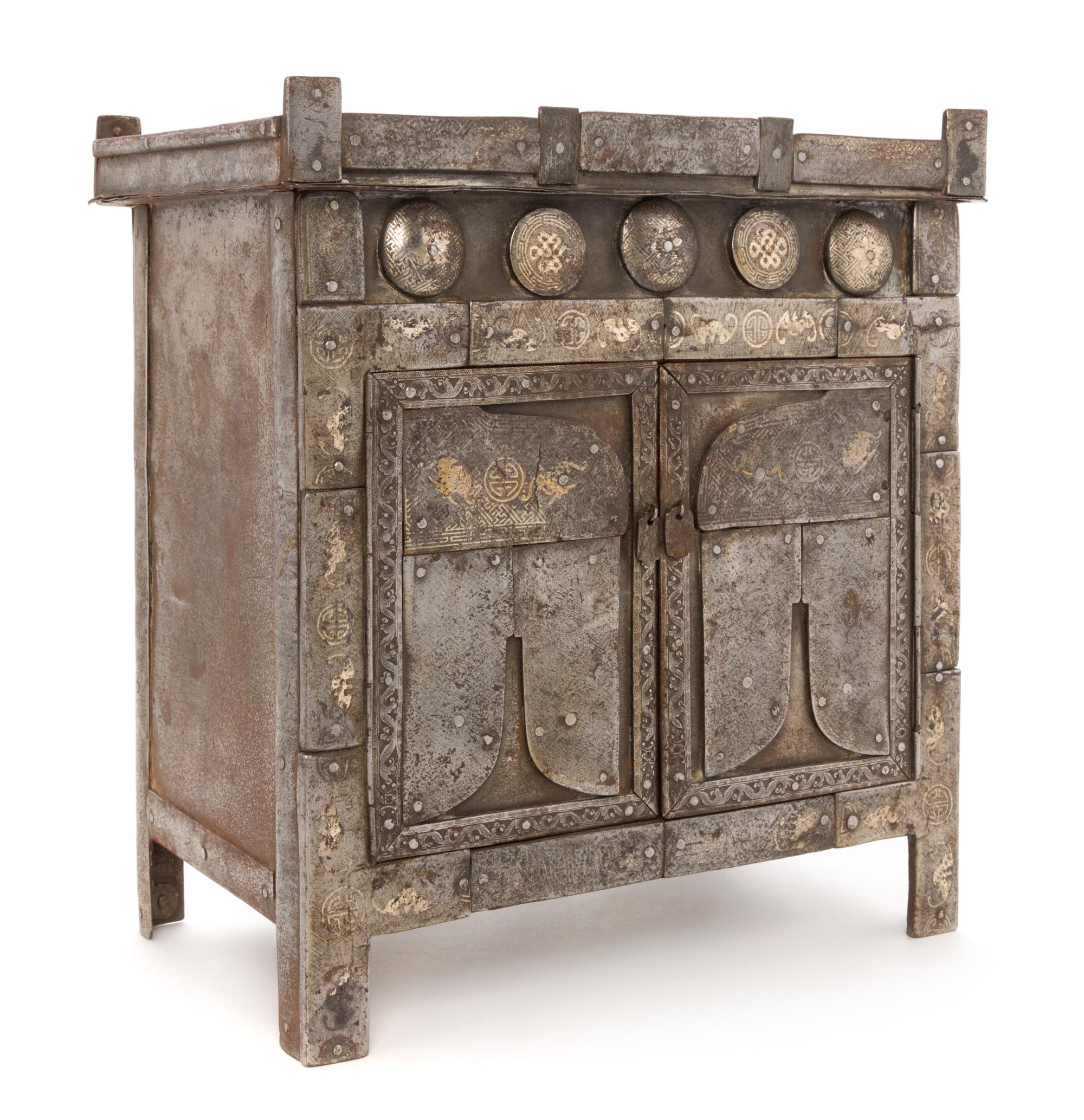 A Small Silver Inlaid White Copper Cabinet Height 12 1/2 x width 12 x depth 7 1/2 inches. — MING DYNASTY
