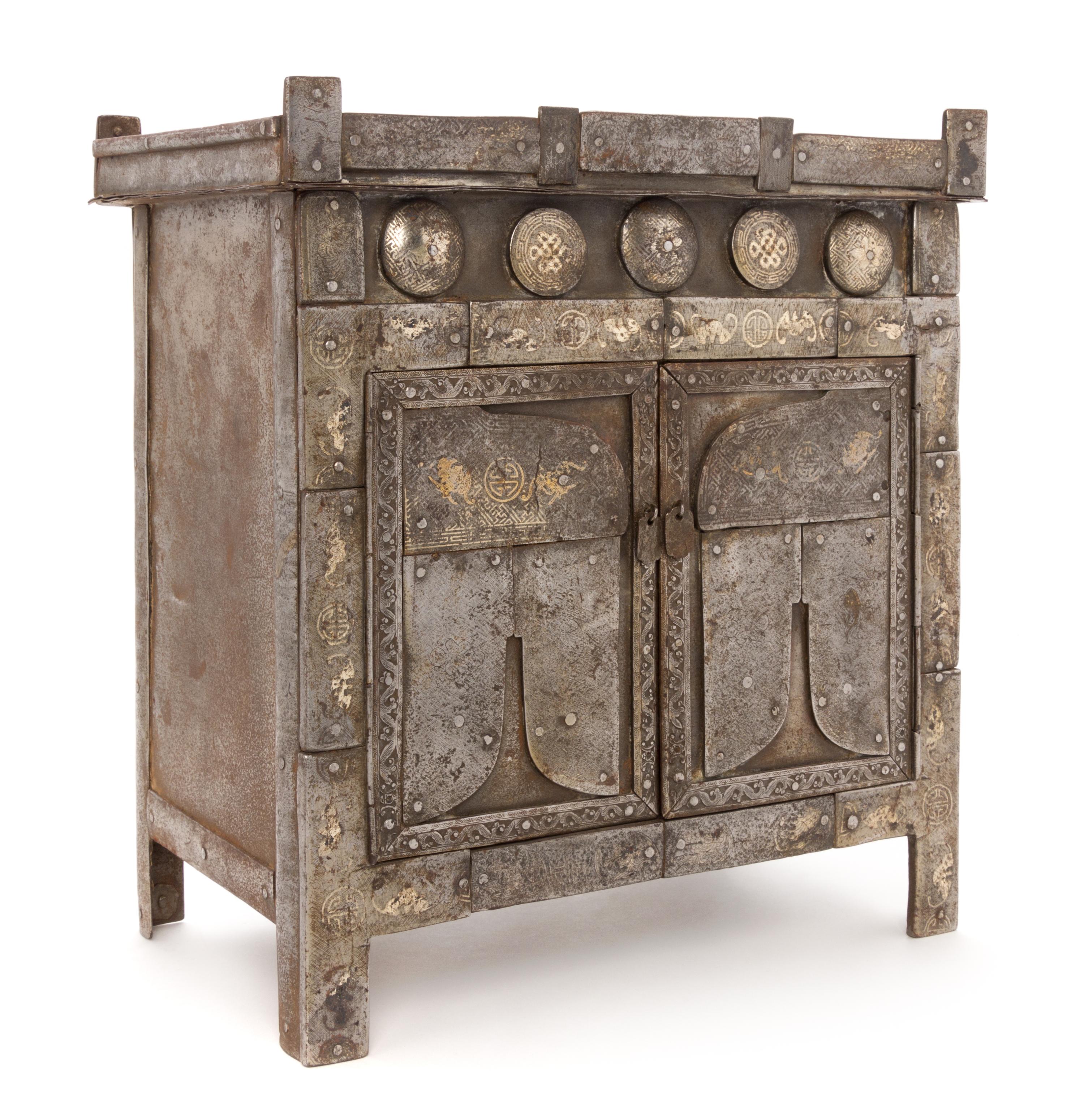 A Small Silver Inlaid White Copper Cabinet Height 12 1/2 x width 12 x depth 7 1/2 inches. — MING DYNASTY