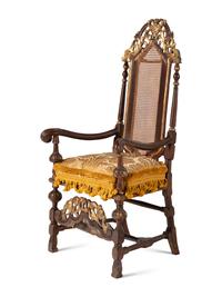 A Pair of William and Mary Style Parcel Gilt Caned and Pierced-Carved Beechwood Armchairs