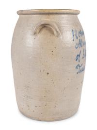 An Ohio Cobalt Script-Painted Four Gallon Stoneware Crock