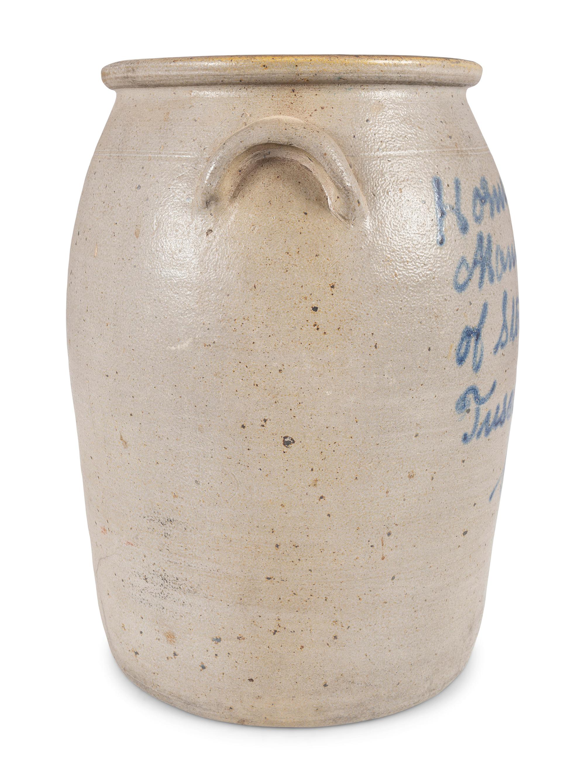 An Ohio Cobalt Script-Painted Four Gallon Stoneware Crock