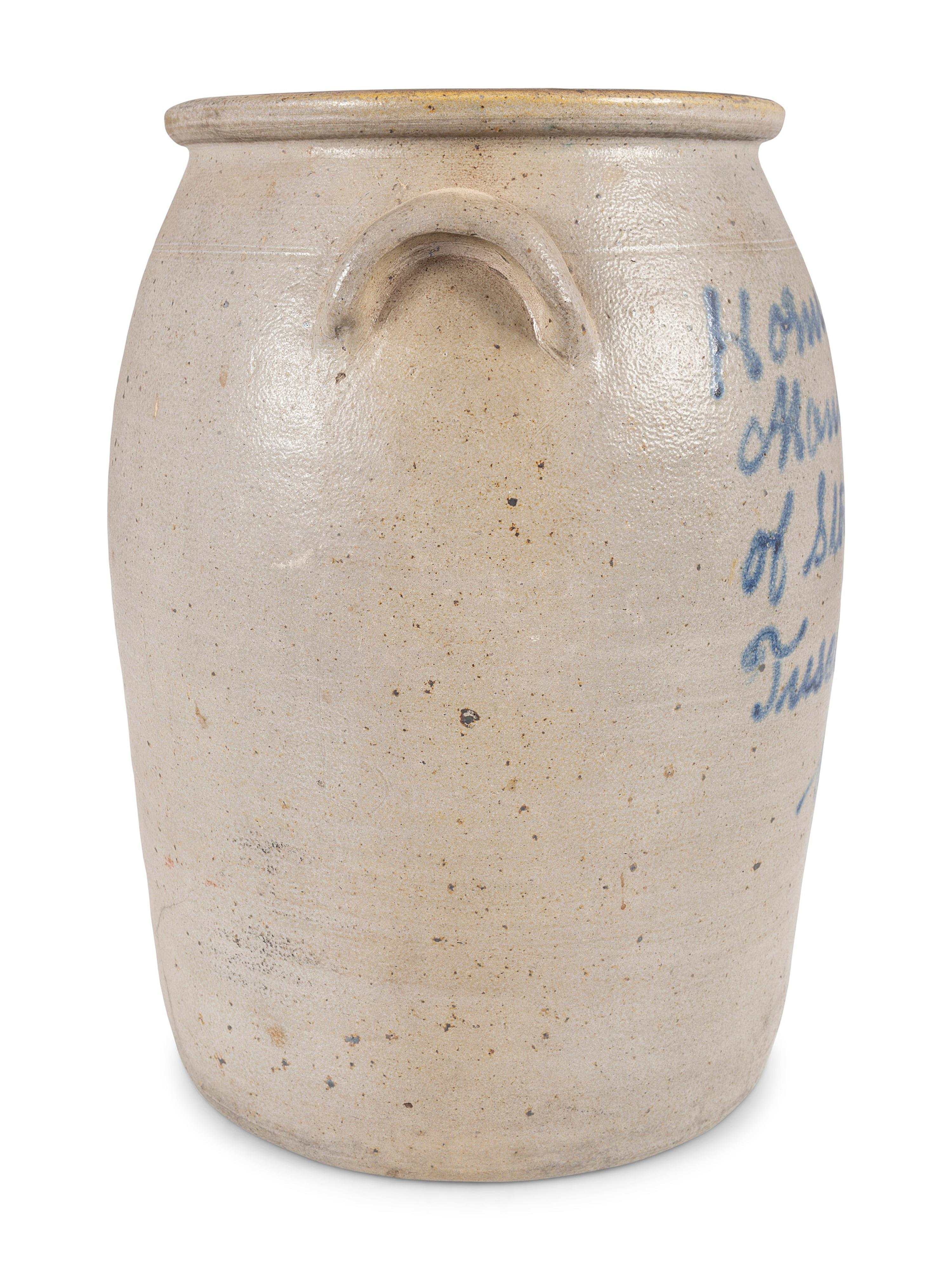 An Ohio Cobalt Script-Painted Four Gallon Stoneware Crock