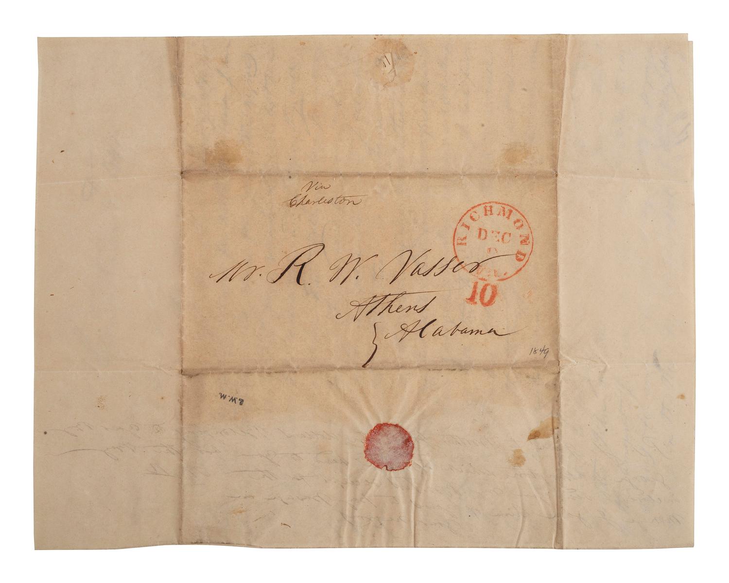 [SLAVERY & ABOLITION]. MATTHEWS, Nathaniel. Autograph letter signed ("Nathaniel Matthews"), to R.W. Vasser, with details of 10 enslaved individuals. Richmond, VA, 9 December 1849.