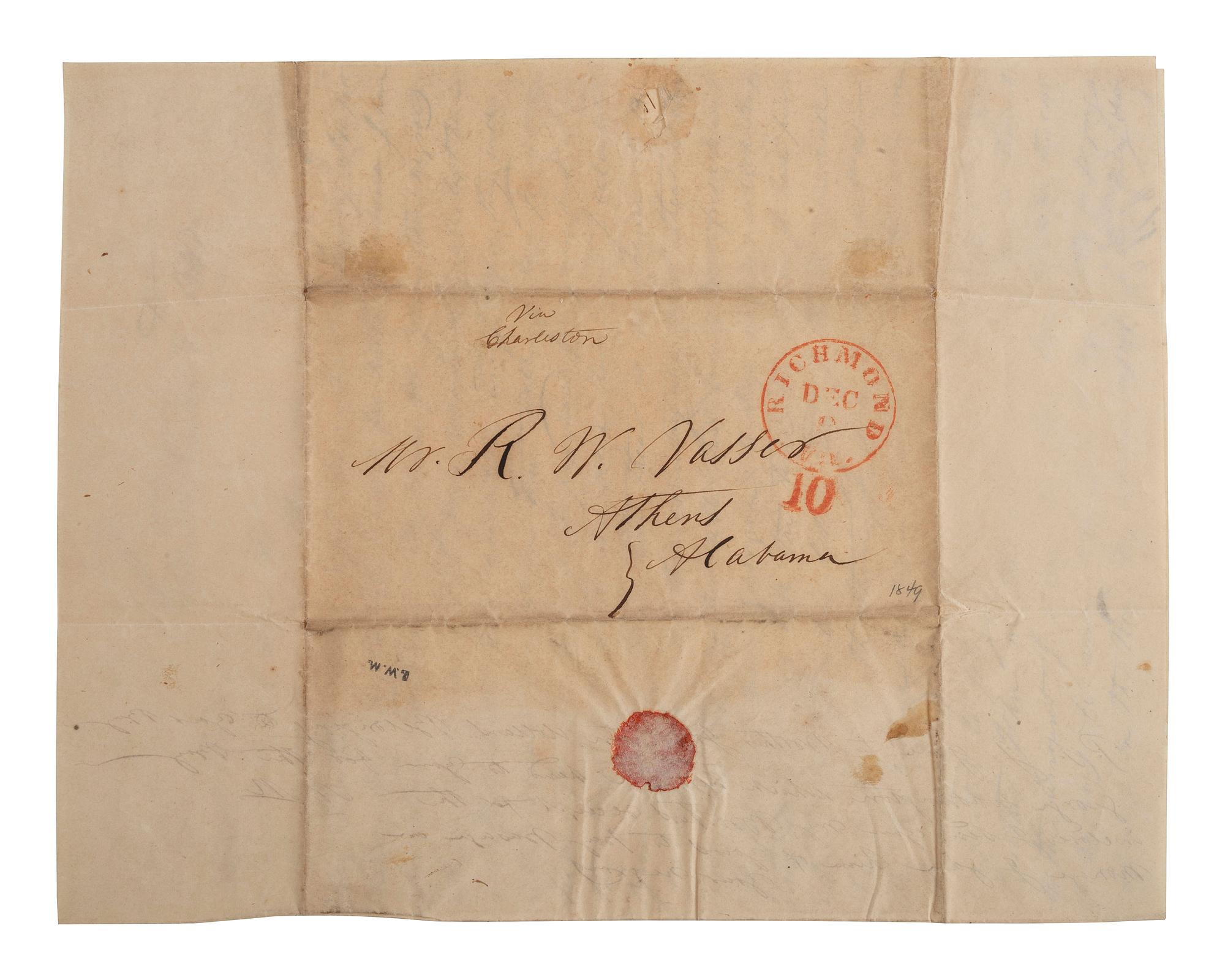 [SLAVERY & ABOLITION]. MATTHEWS, Nathaniel. Autograph letter signed ("Nathaniel Matthews"), to R.W. Vasser, with details of 10 enslaved individuals. Richmond, VA, 9 December 1849.